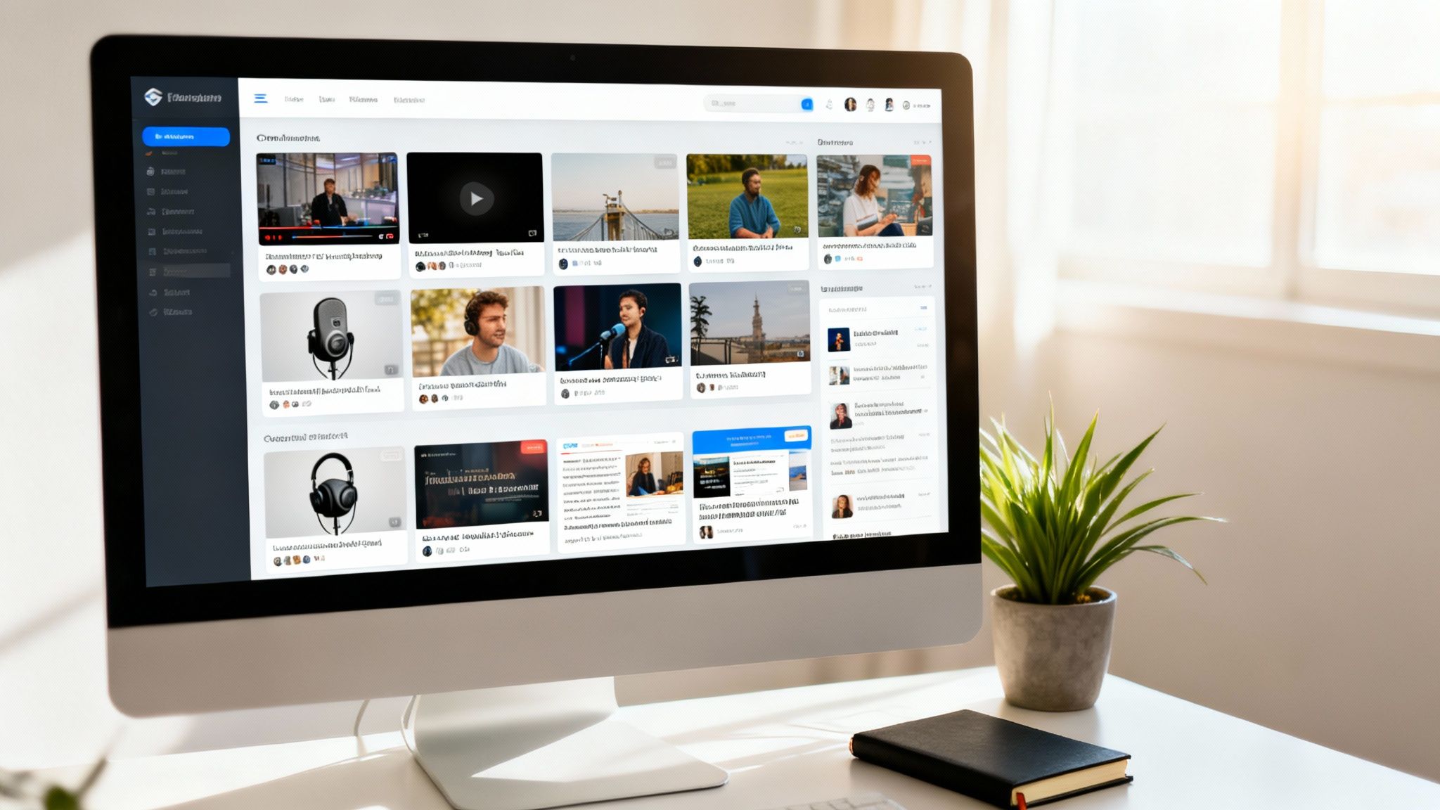 A desktop computer displaying a content management system with various media and profiles in a bright office.