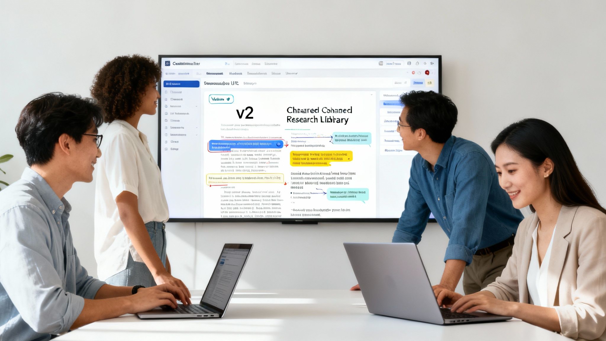 Four diverse professionals collaborating in a modern office, reviewing a research library mind map on a large screen.
