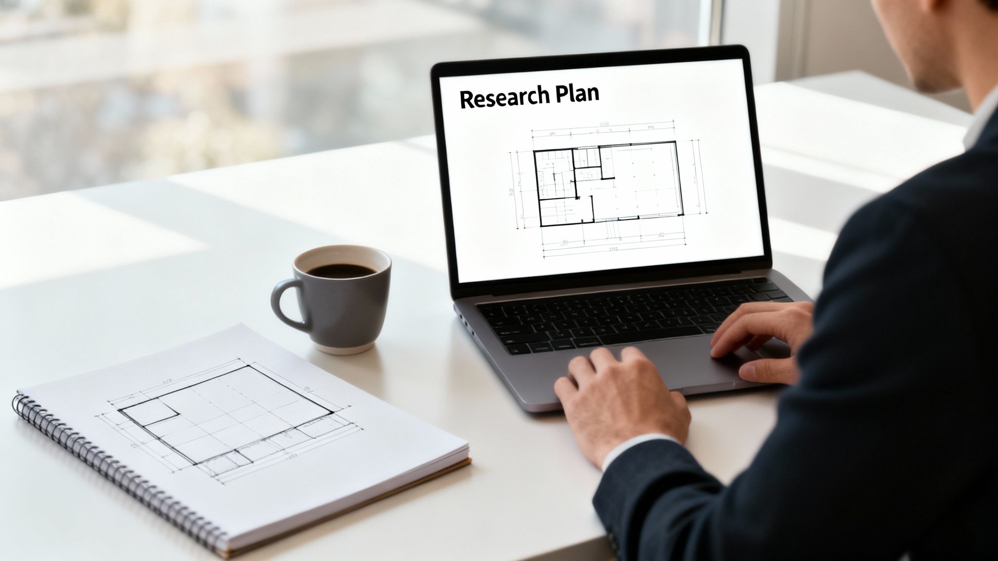 A person works on a laptop displaying an architectural research plan, with a coffee and notebook.