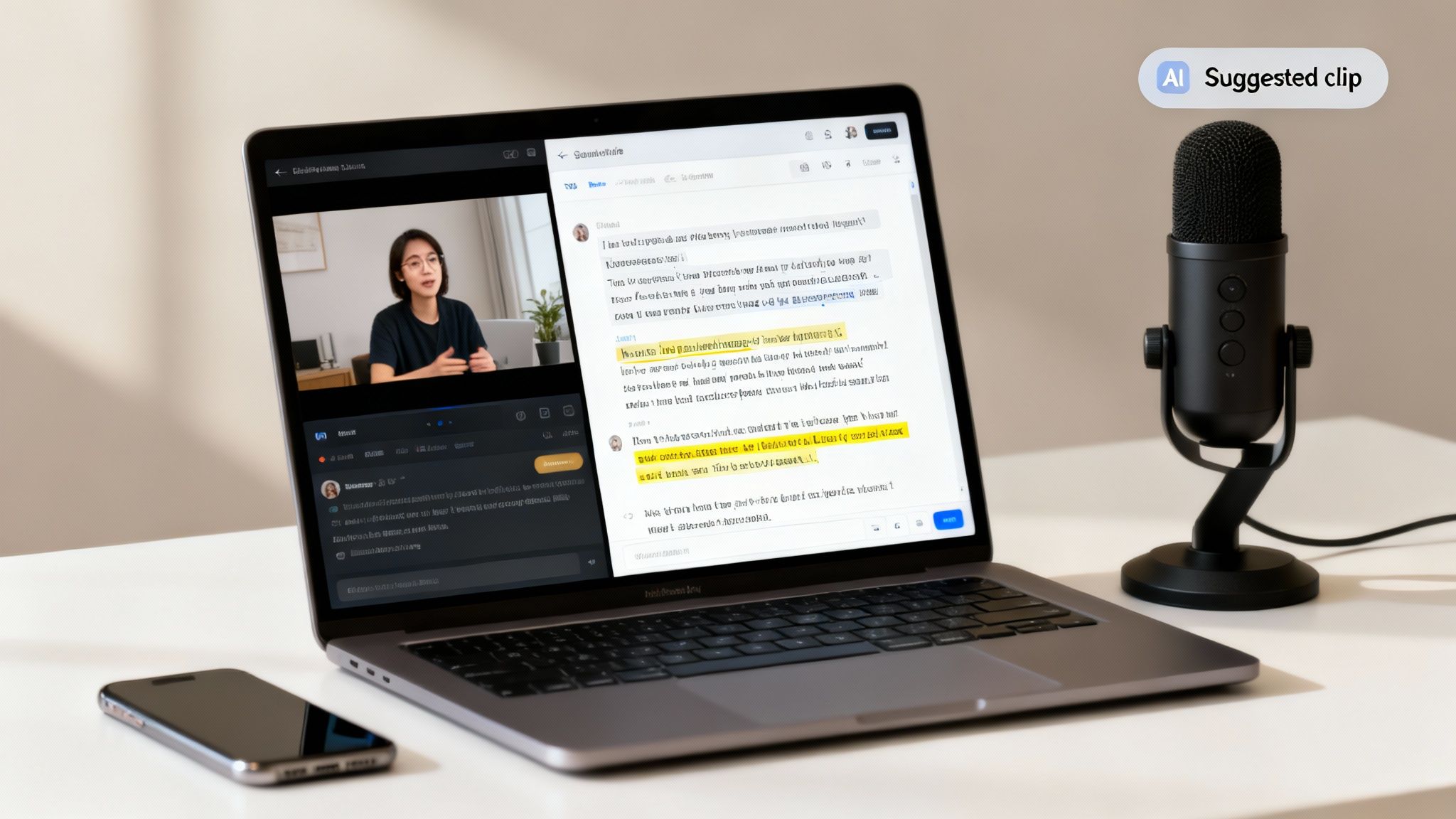 A laptop showing a video call with a person speaking, a microphone, and a smartphone on a white desk.