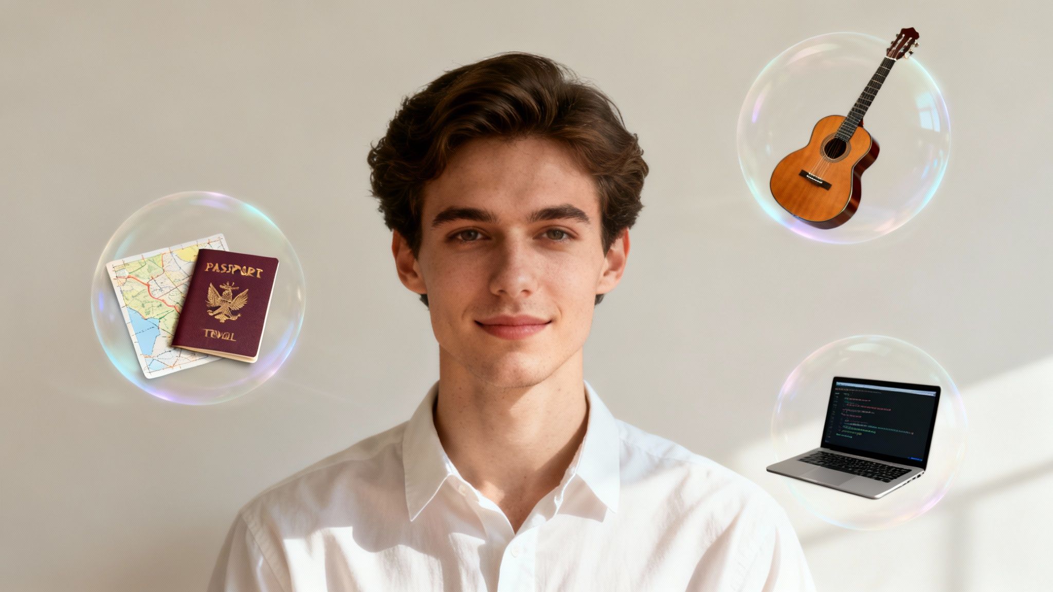 A smiling young man surrounded by bubbles representing travel, music with a guitar, and coding on a laptop.
