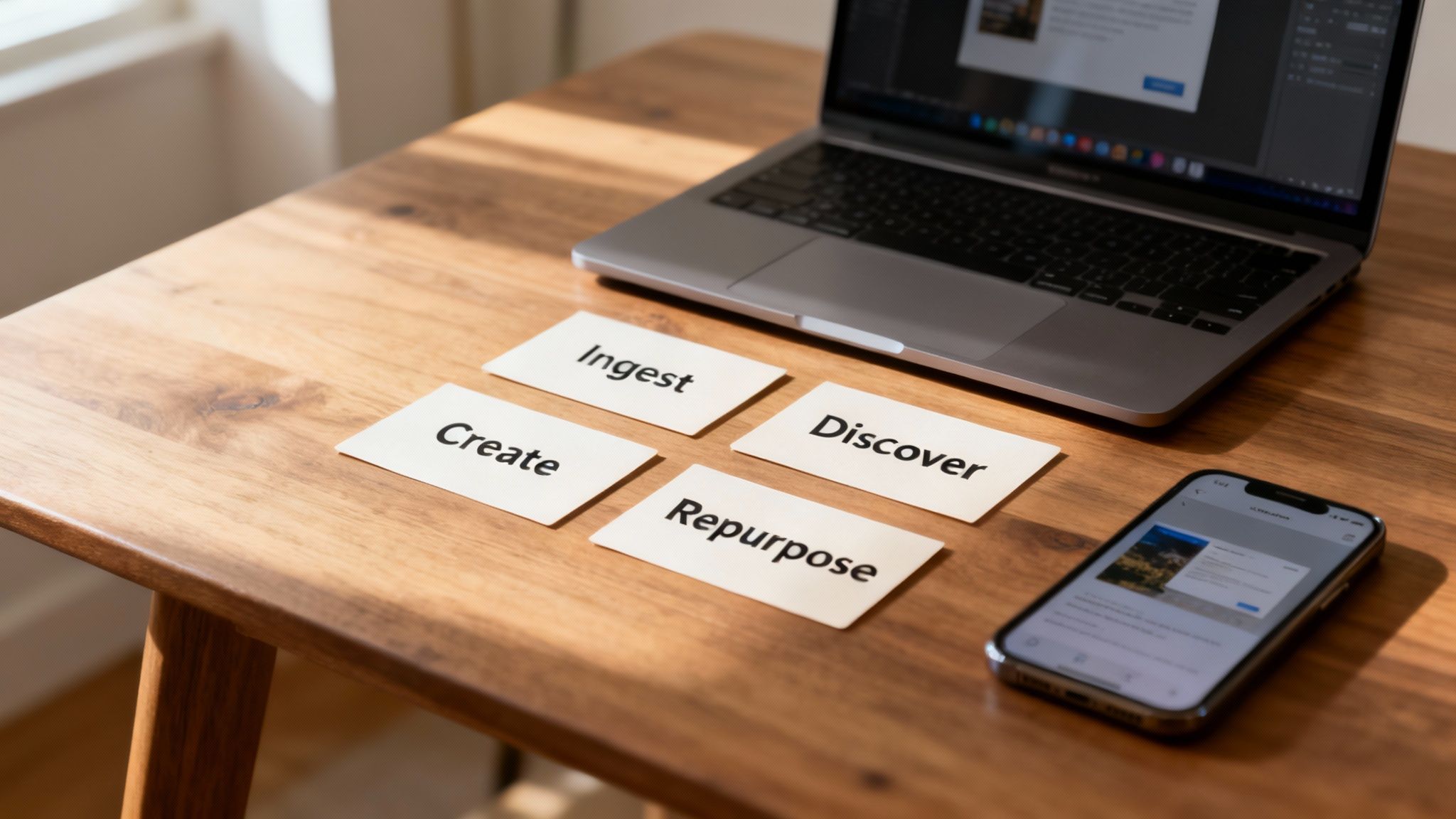 Four cards on a wooden desk with words 'Ingest', 'Create', 'Discover', 'Repurpose', next to a laptop and smartphone.