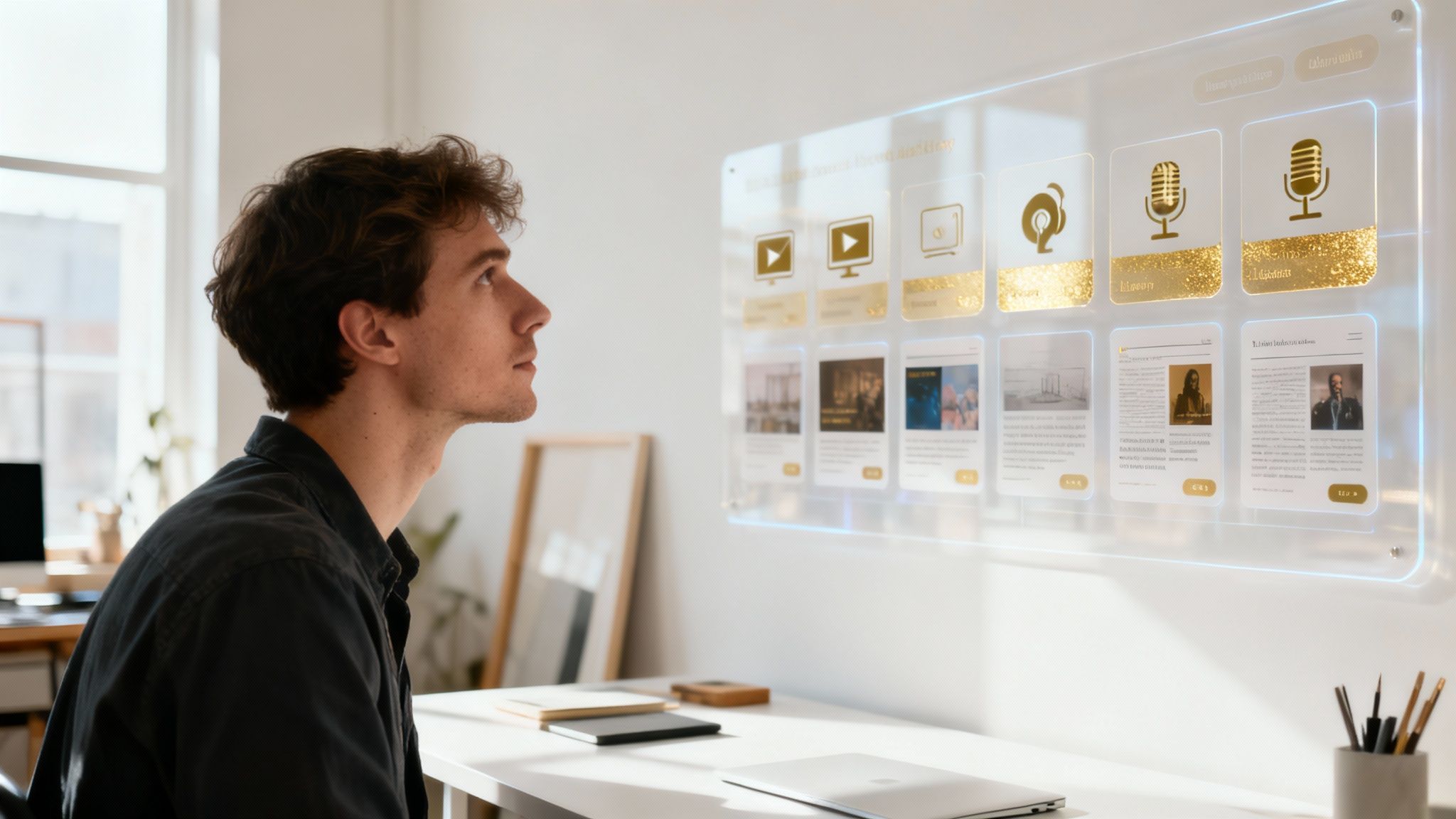 Young man interacting with a futuristic holographic content intelligence display in a modern office.