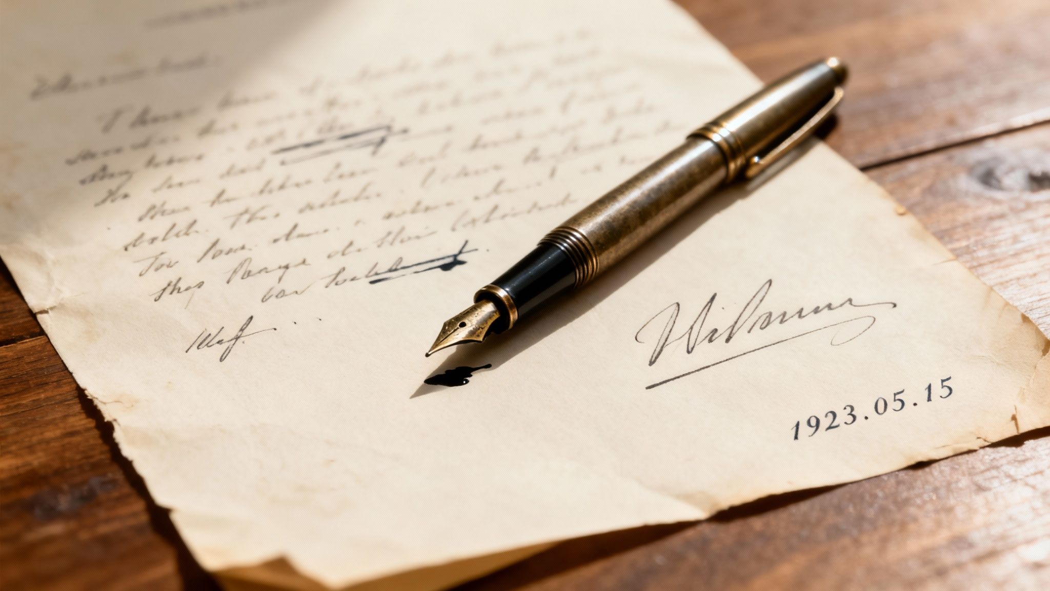 A vintage fountain pen with an ink blot rests on an old handwritten letter dated 1923.