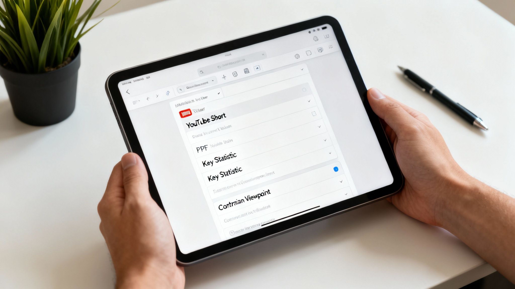 A person's hands hold a tablet displaying a list of research topics and data points.