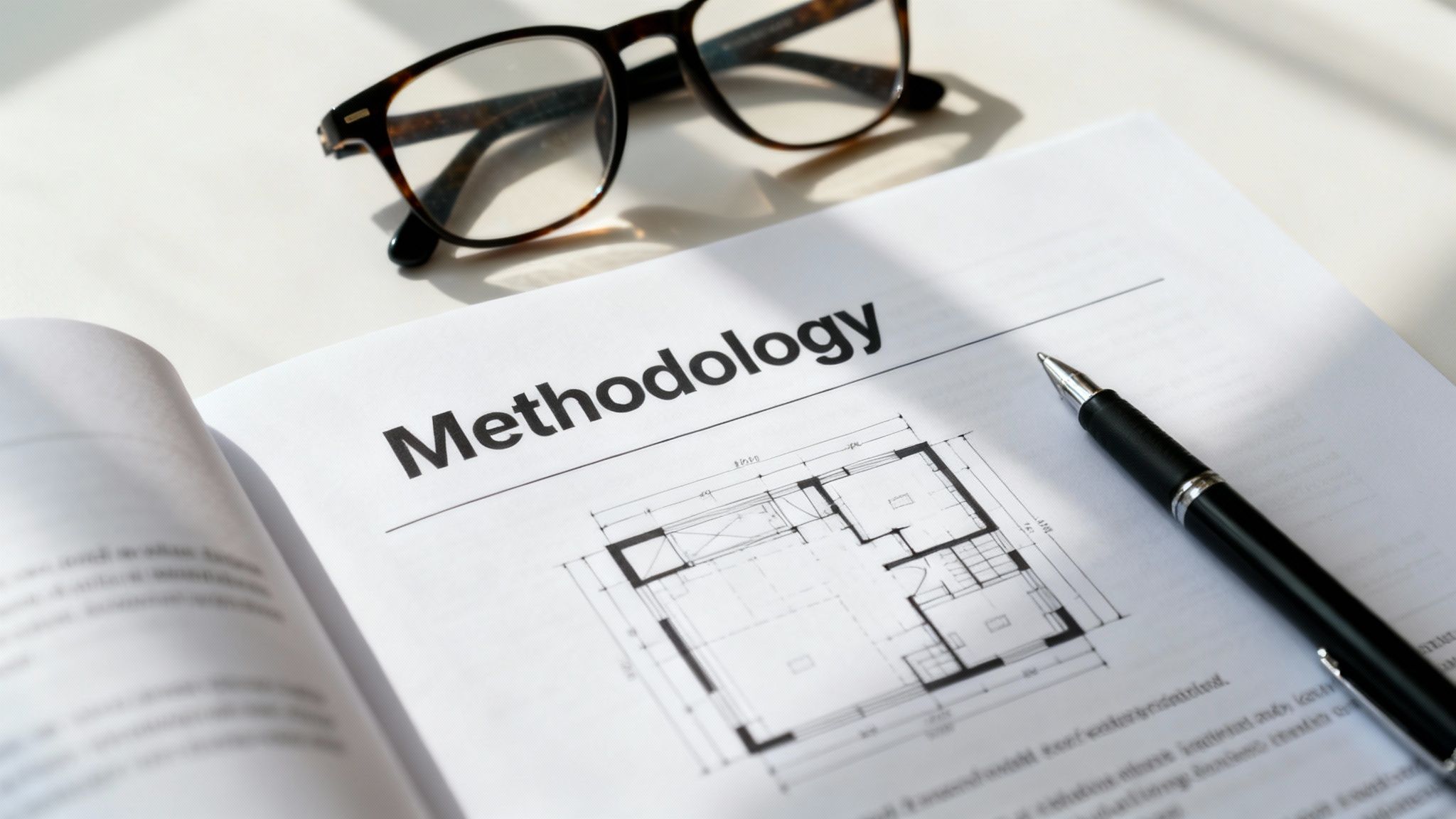 An open research paper displaying the 'Methodology' section with architectural drawings, glasses, and a pen.