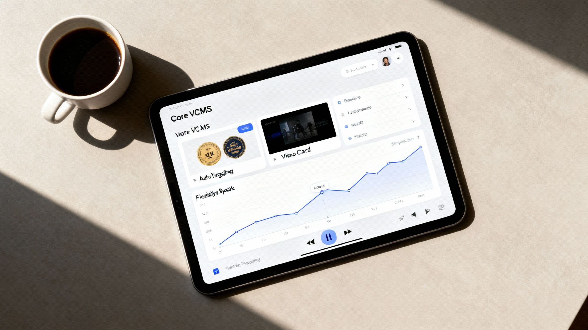 An iPad displaying a video content management system (VCMS) dashboard with a graph and video, beside a coffee cup.
