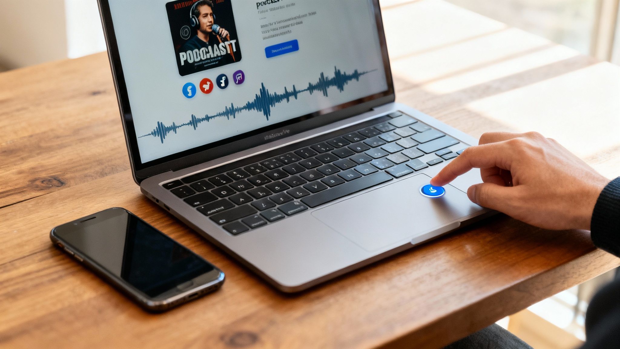 Close-up of a person's hand touching a laptop's touchpad, displaying a podcast interface.