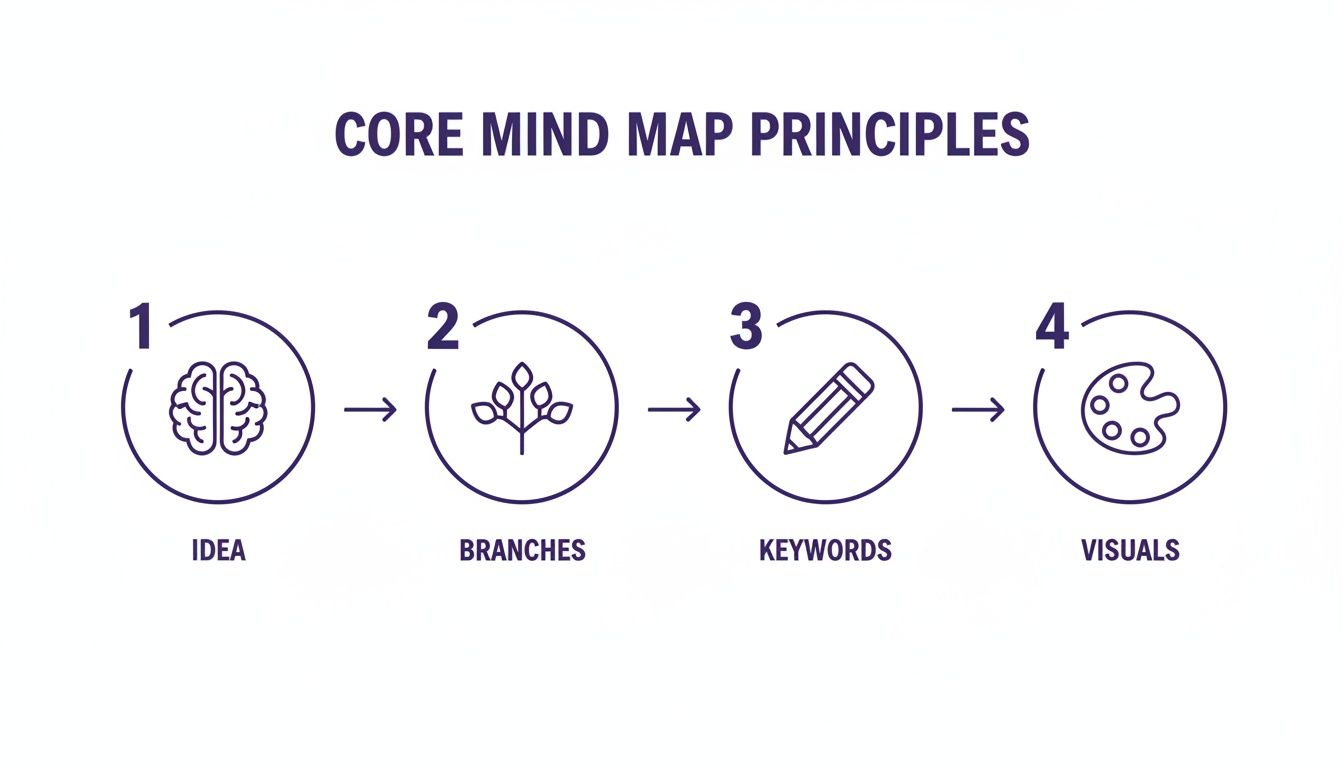 An infographic illustrating the four core principles of mind mapping: Idea, Branches, Keywords, and Visuals.