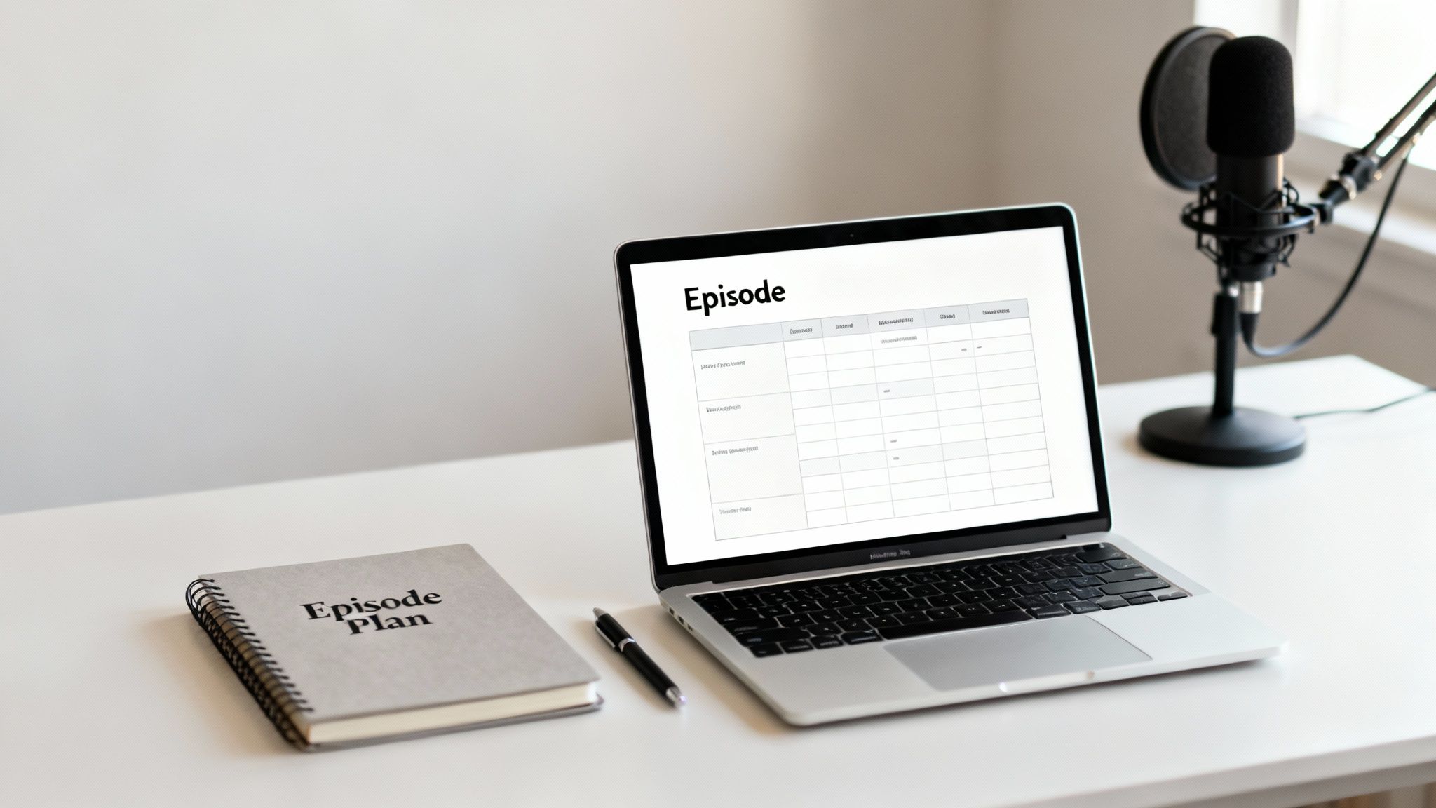 A laptop displays an episode planning template next to a microphone and 'Episode Plan' notebook on a desk.