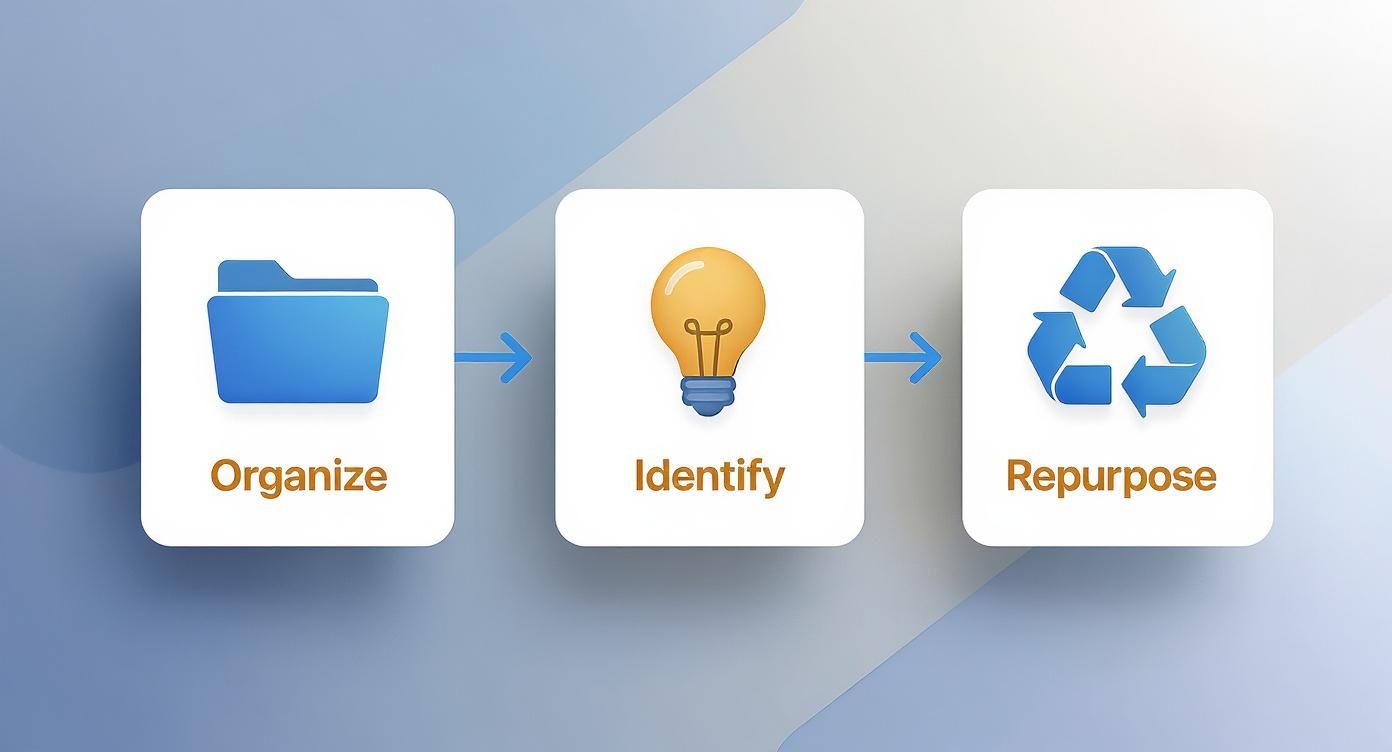 Three-step content workflow process showing organize folder, identify lightbulb, and repurpose recycling icons