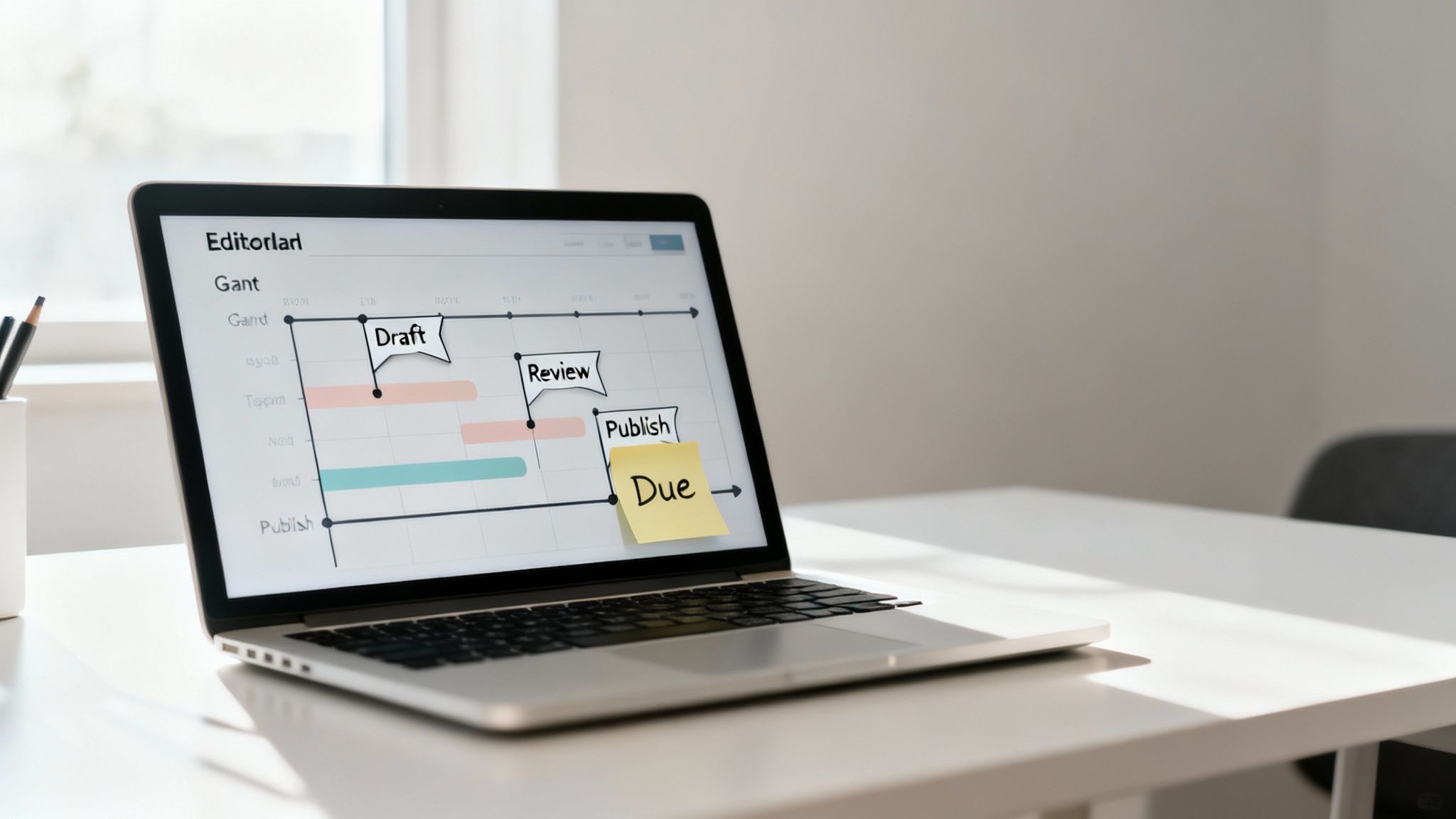 A laptop on a desk displays a Gantt chart showing a project timeline with draft, review, publish, and due milestones.