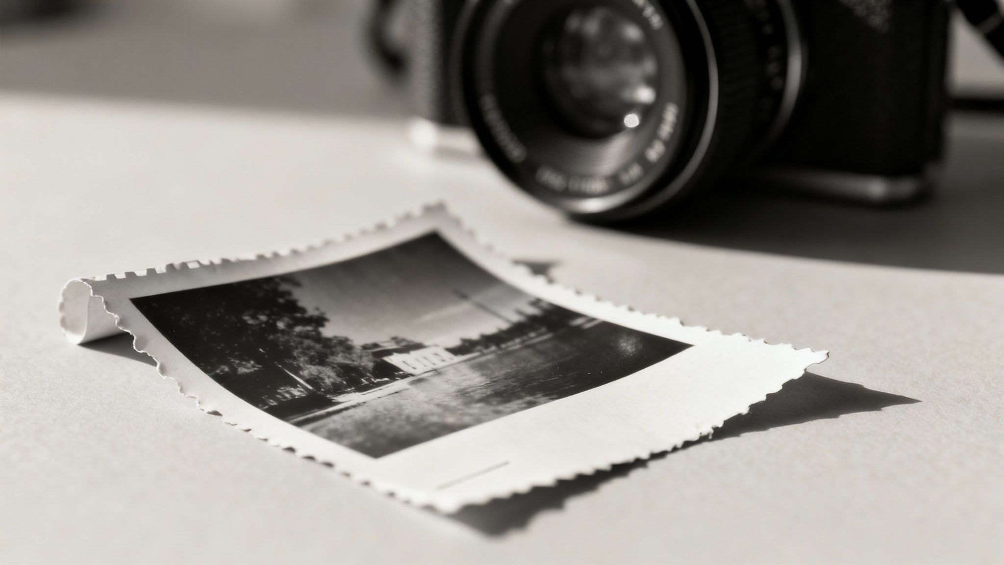 A curled, black and white vintage photograph with scalloped edges sits on a table, an old camera blurred in the background.