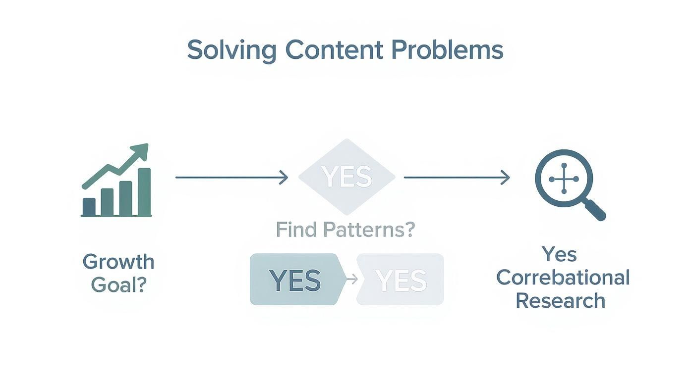 Flowchart for solving content problems outlining steps from growth goals to correlational research.