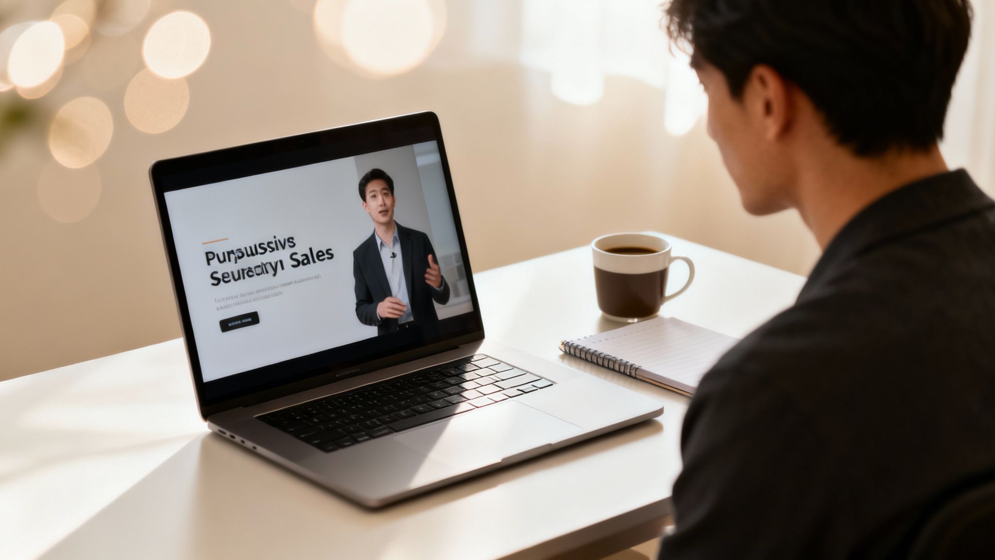 A man watches a persuasive sales video on his laptop, with a coffee and notebook nearby.