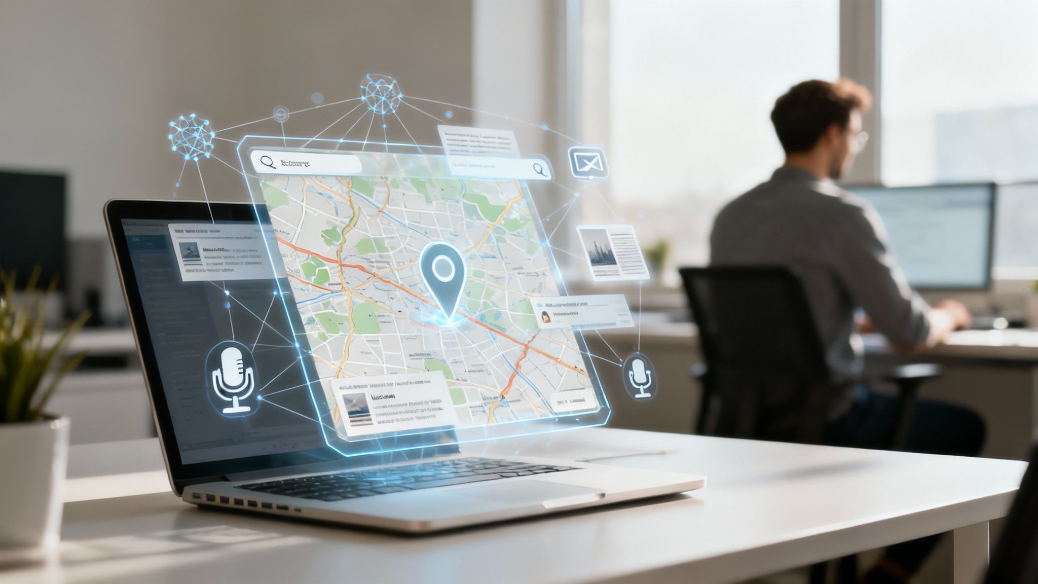 Holographic map and data interface on a laptop in a modern office environment.