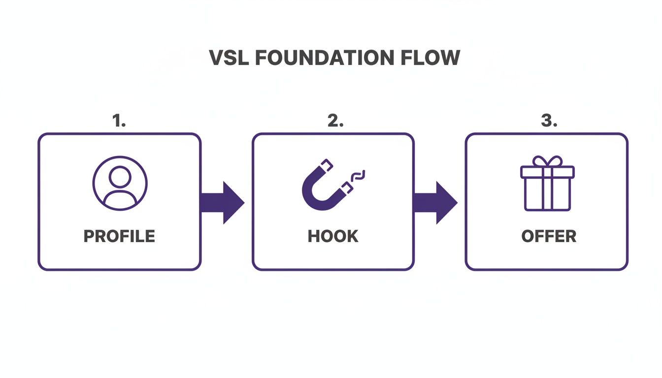 Flowchart showing VSL foundation steps: Profile, Hook, and Offer, connected by arrows.