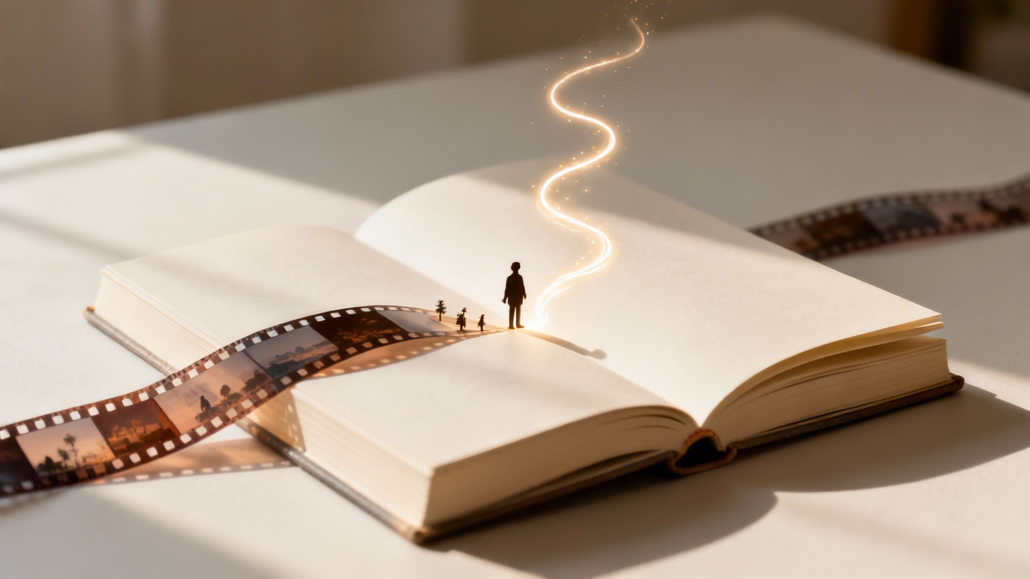 Miniature figures on an open book with a glowing light and film strip, symbolizing stories.