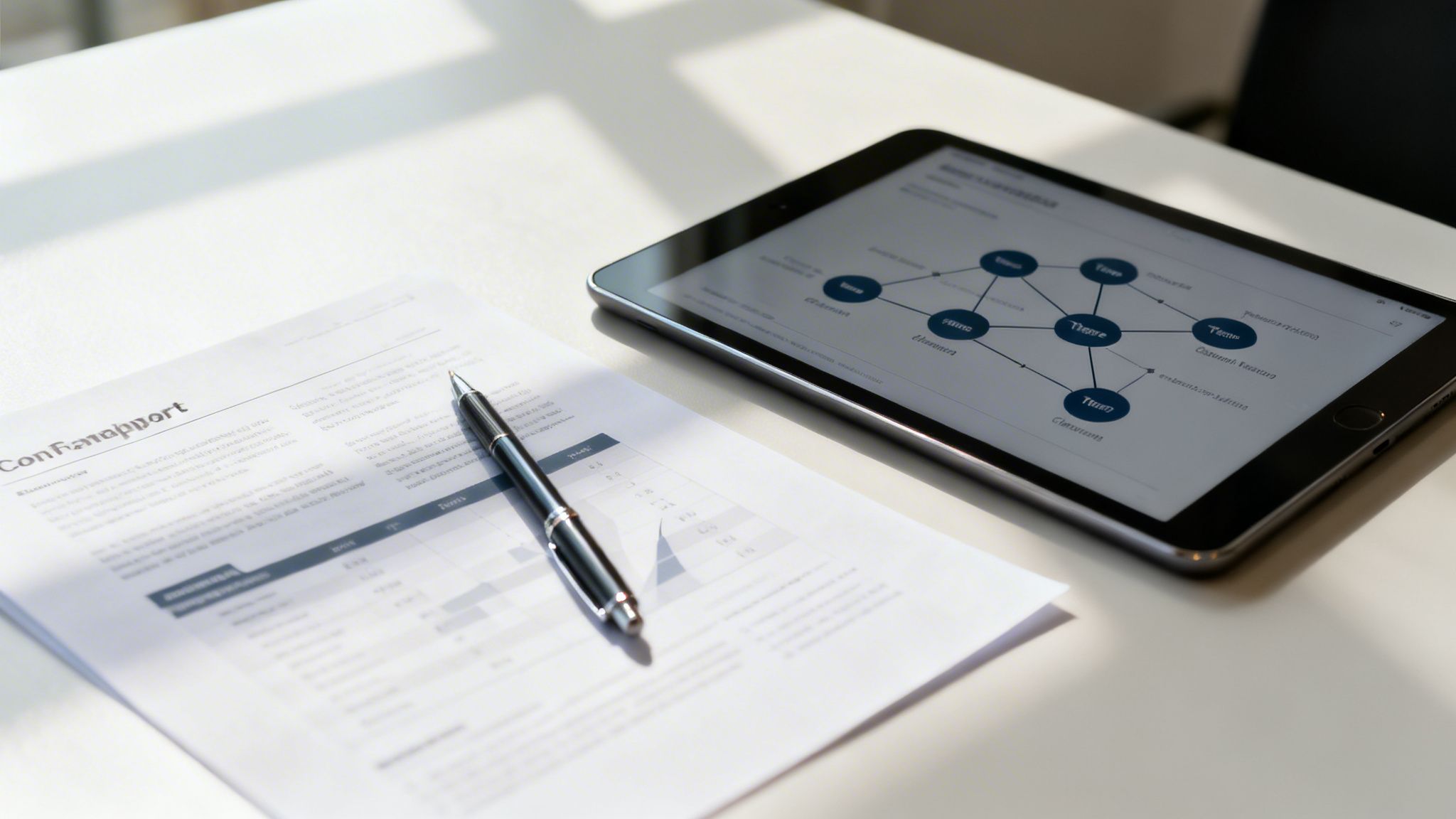 A pen rests on a business report beside a tablet displaying a network diagram on a white desk.