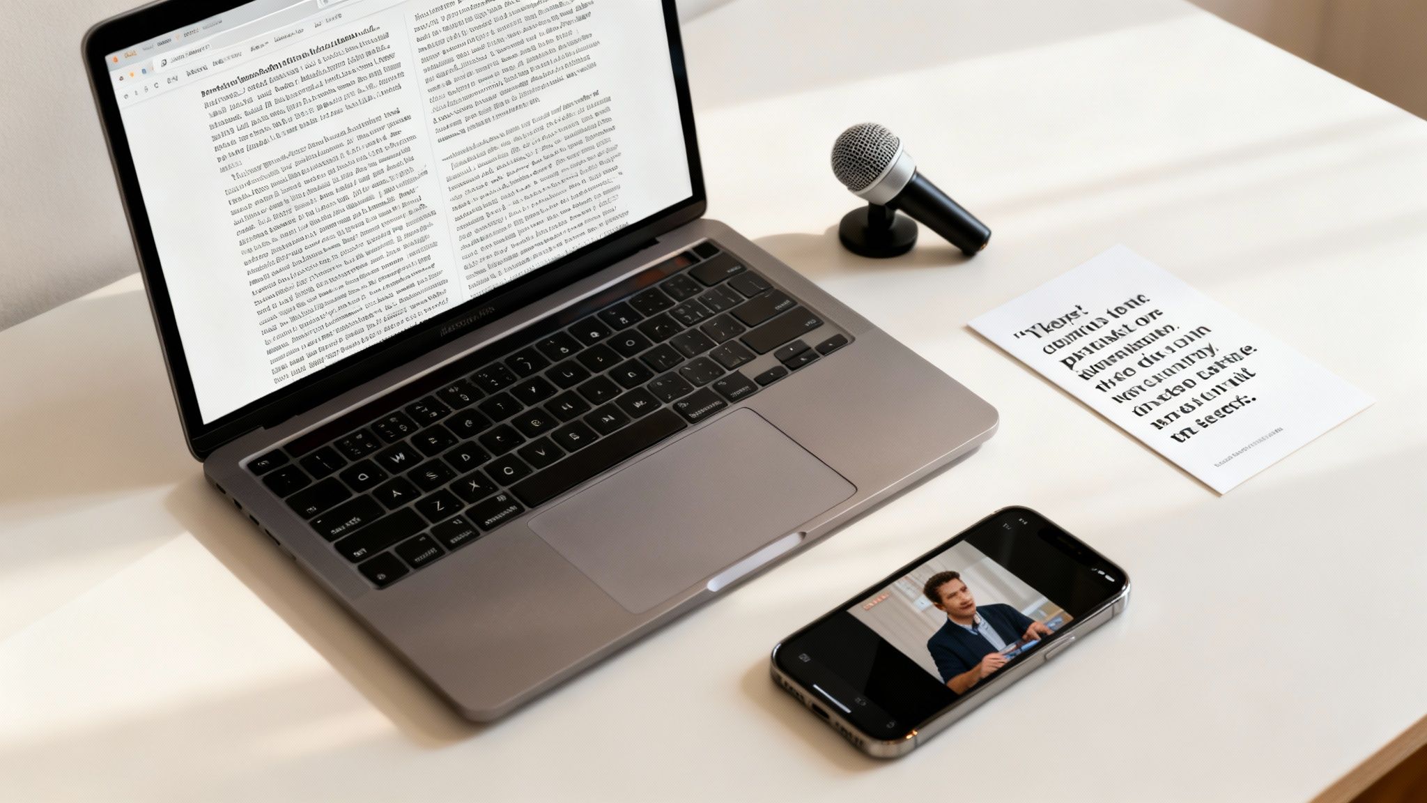 A laptop, microphone, smartphone showing a video call, and a note on a white desk.