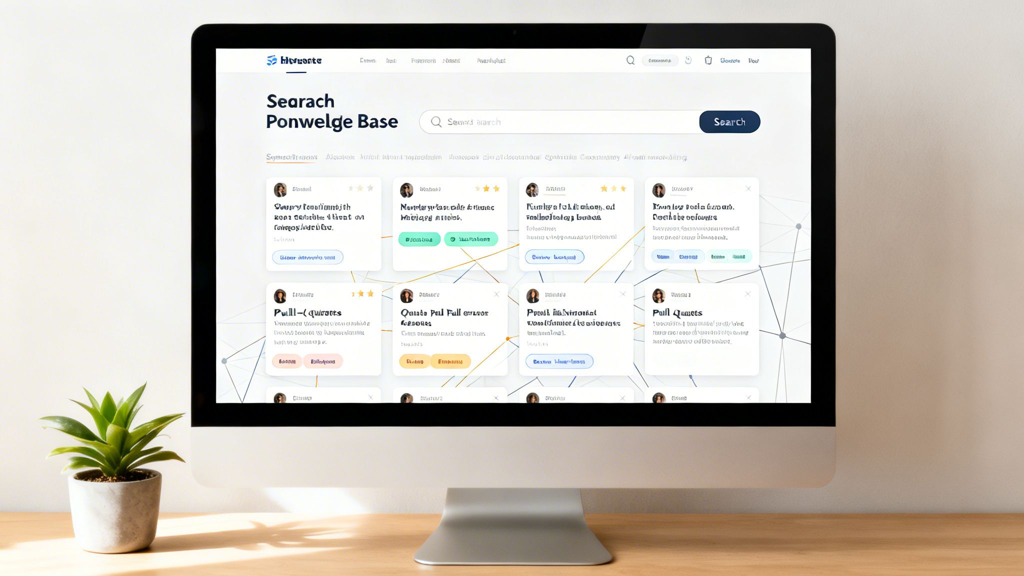 A computer monitor displays a search interface with information cards and a network graph design.