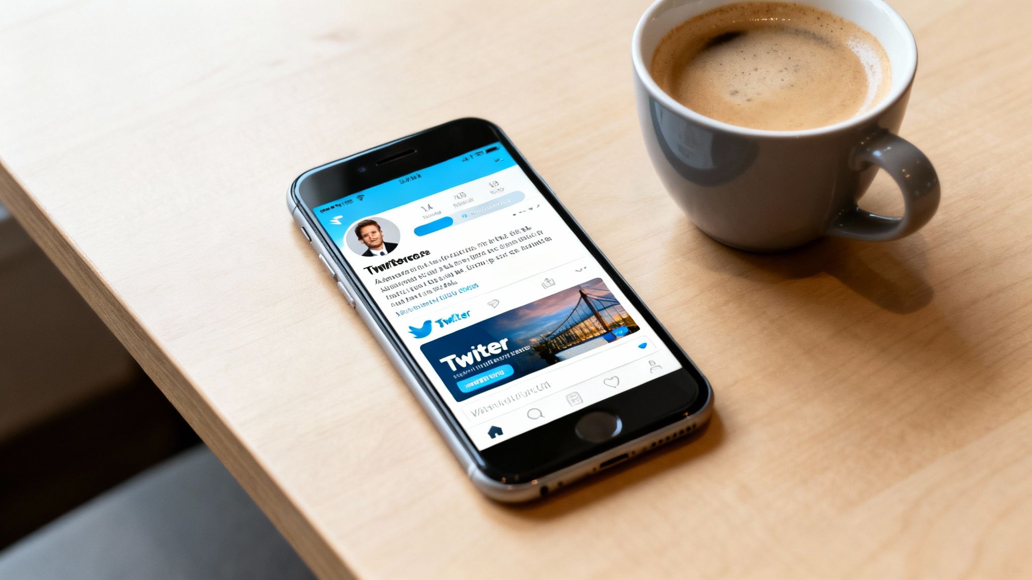 A smartphone showing a Twitter profile and promoted tweet, placed beside a coffee cup on a wooden desk.
