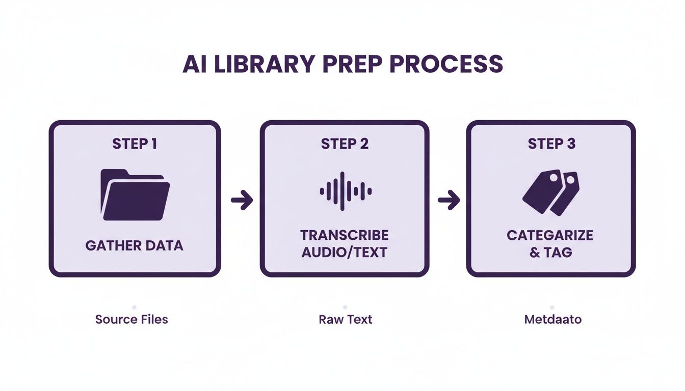 A three-step AI library preparation process including data gathering, audio/text transcription, and categorization.
