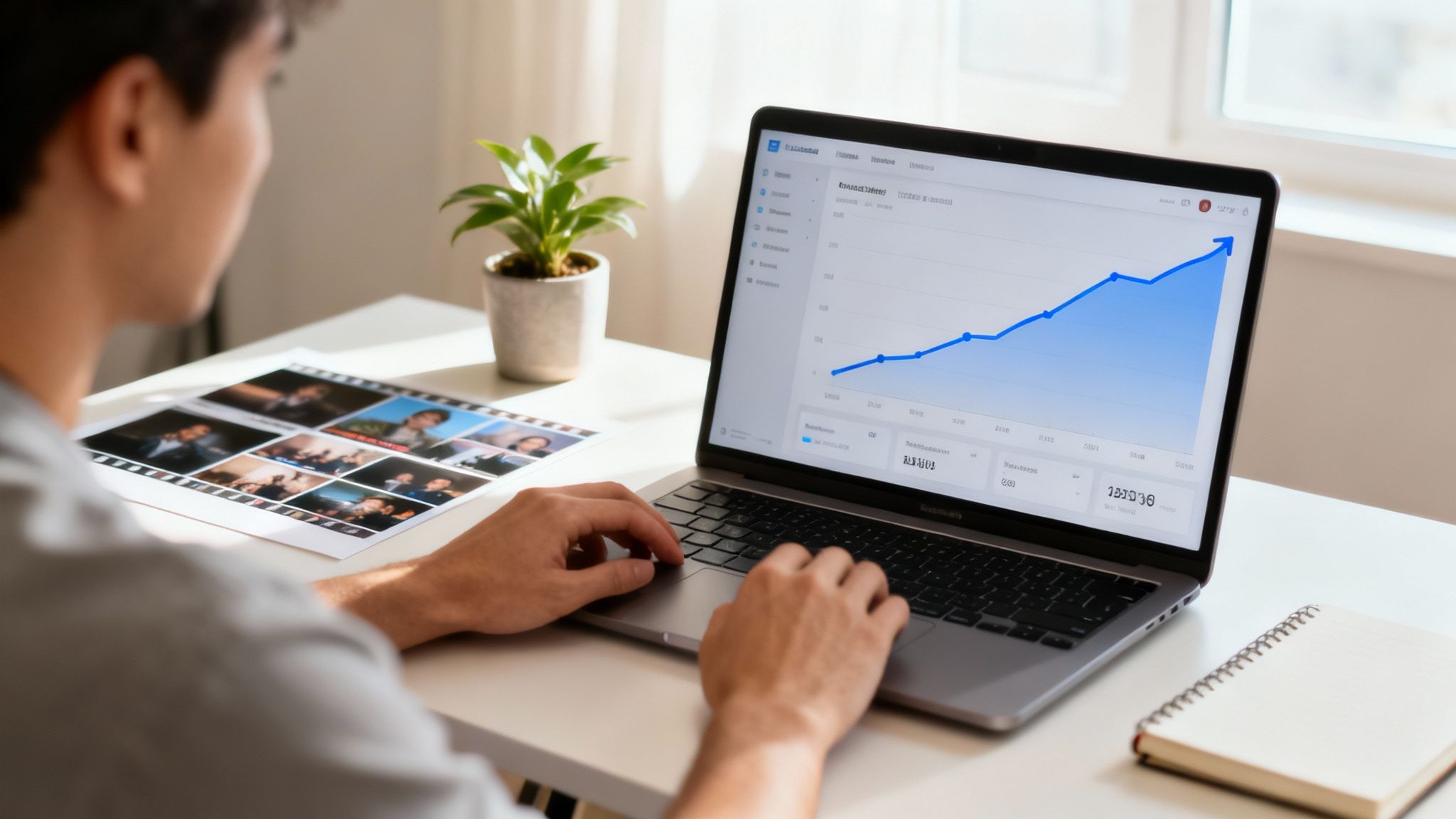 Person analyzing an upward-trending graph on a laptop, with a contact sheet and plant on the desk.