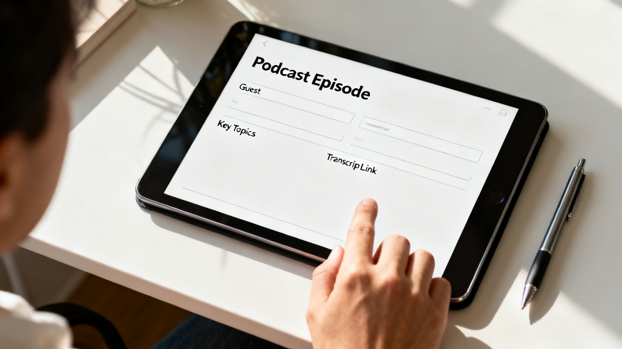 A person's hand touches a tablet displaying a 'Podcast Episode' form with guest, topics, and transcript fields.
