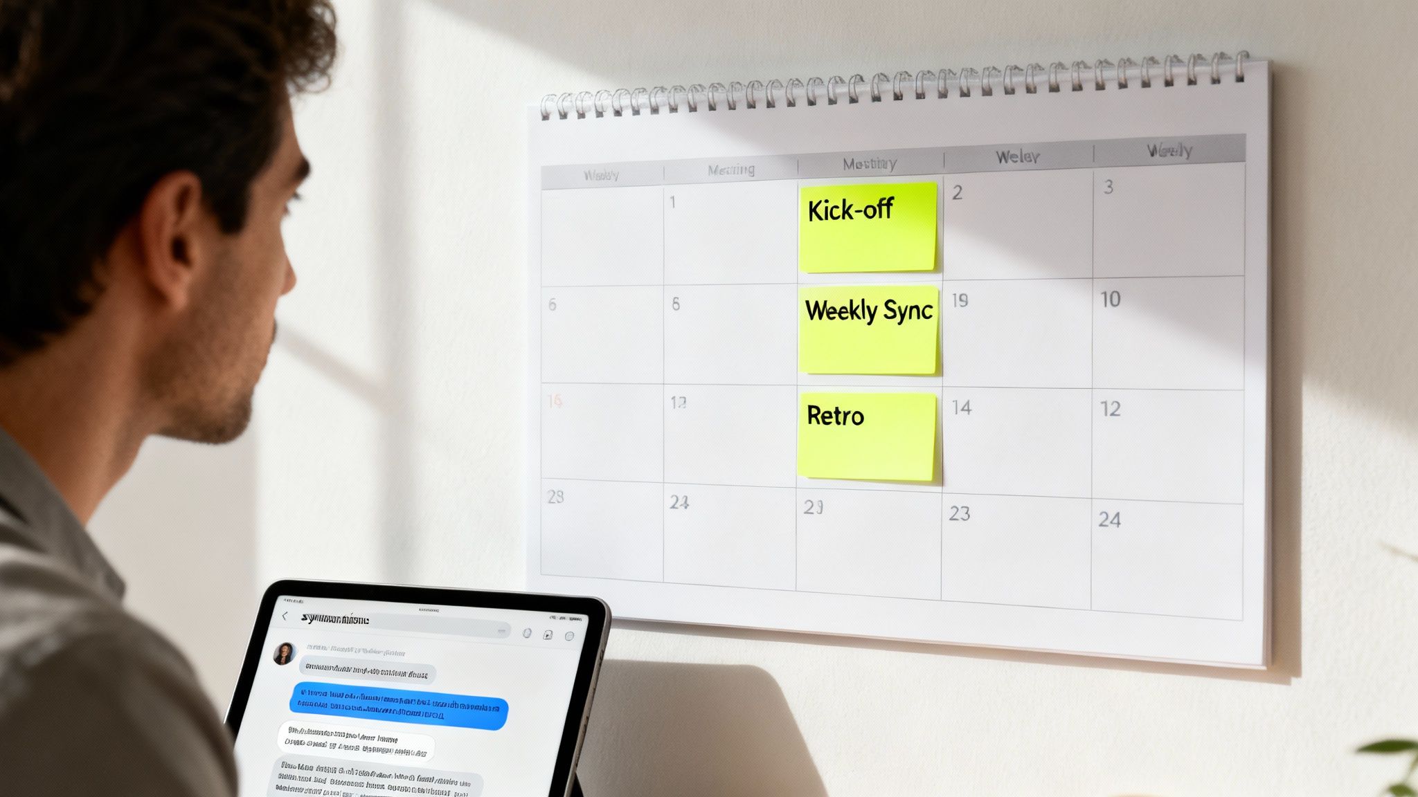A man looks at a tablet displaying a chat, with a calendar of project meetings in the background.