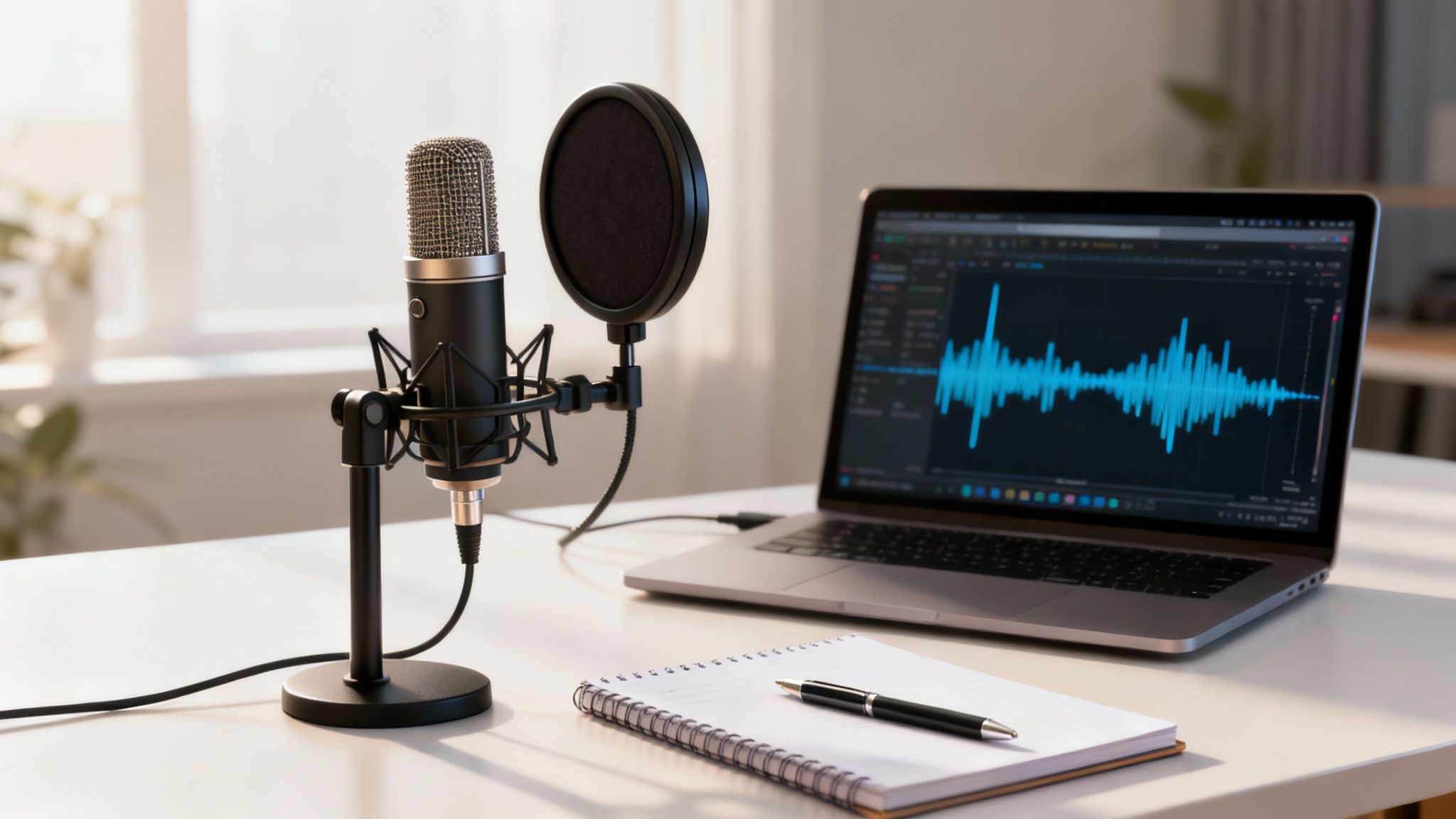 A podcast recording setup with a professional microphone, pop filter, laptop, and notebook on a desk.