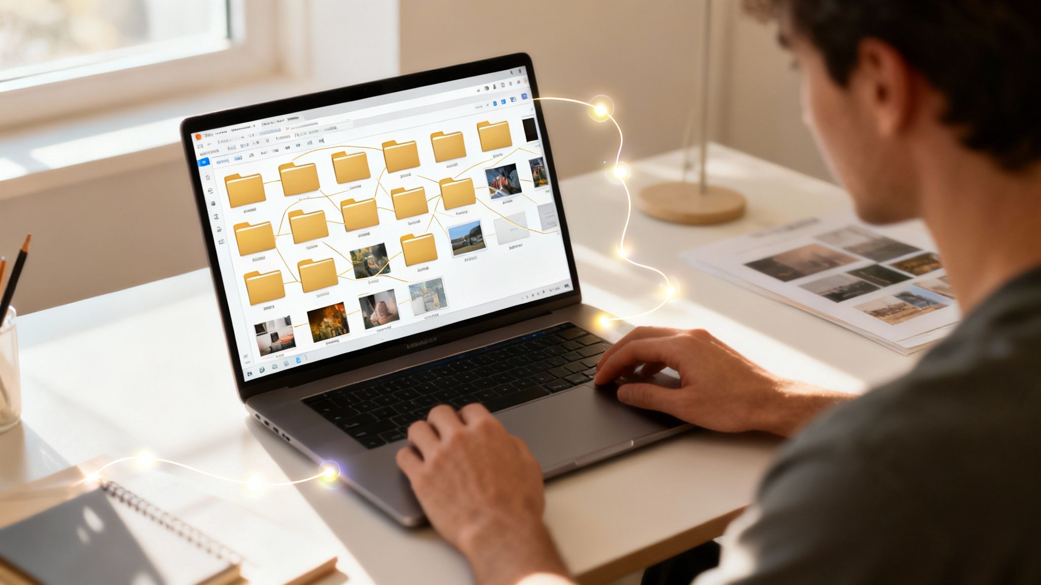 A person works on a laptop displaying connected folders and images with glowing lines, illustrating data flow.