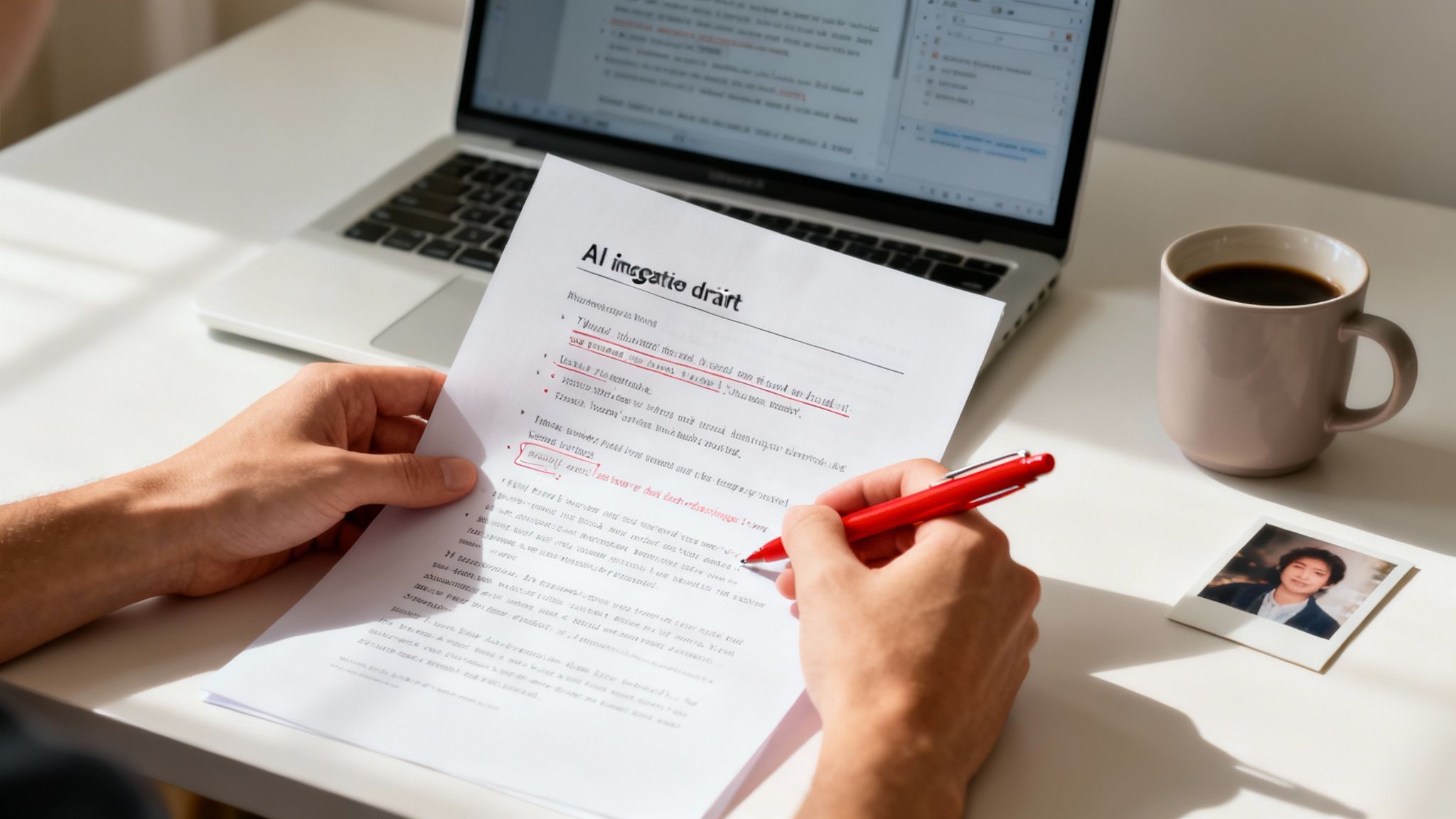 A person reviews a document titled 'AI ingestio drârt' with a red pen, laptop, and coffee.