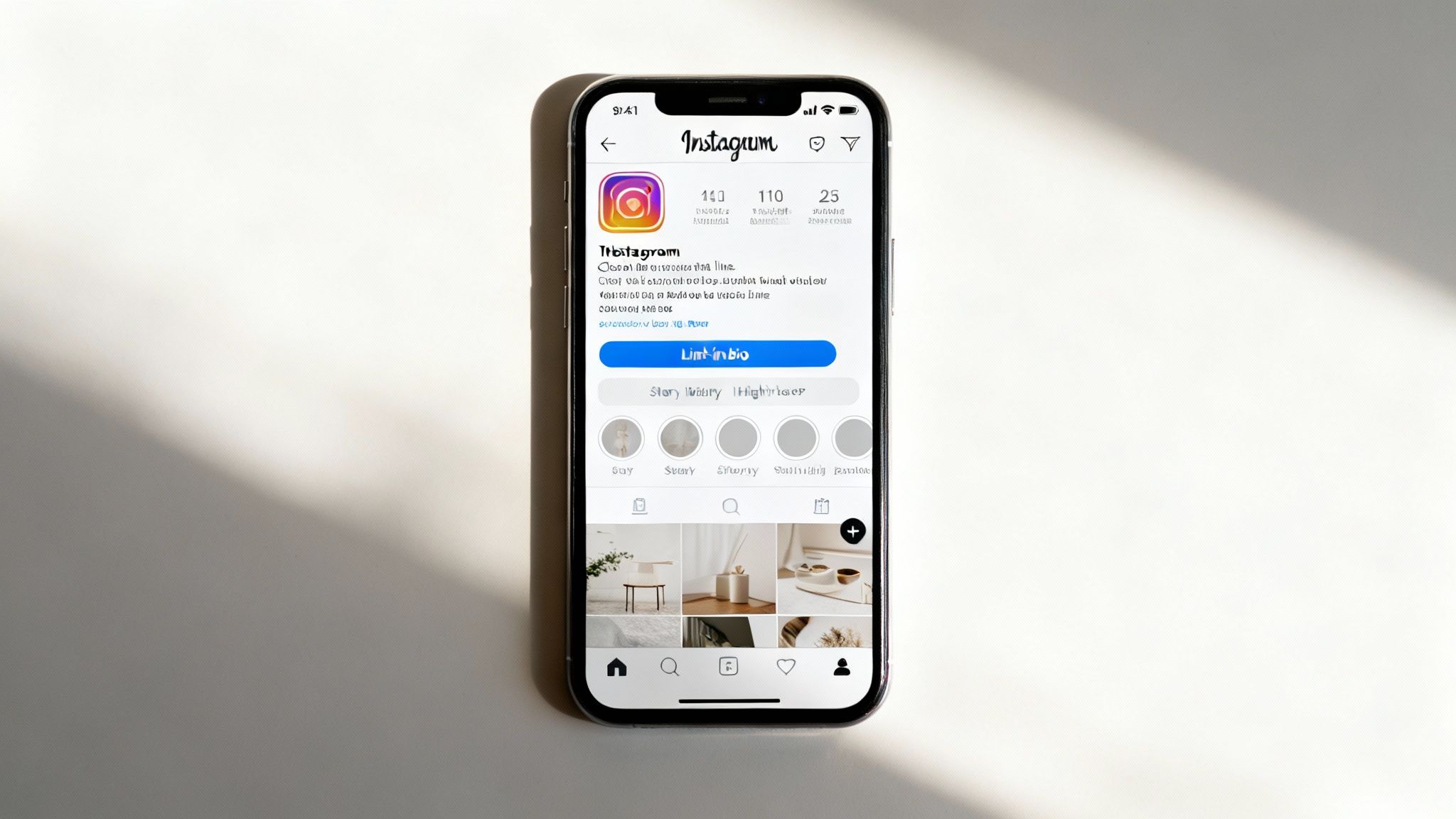 An iPhone shows an Instagram profile with a bio, follower counts, stories, and a grid of posts.