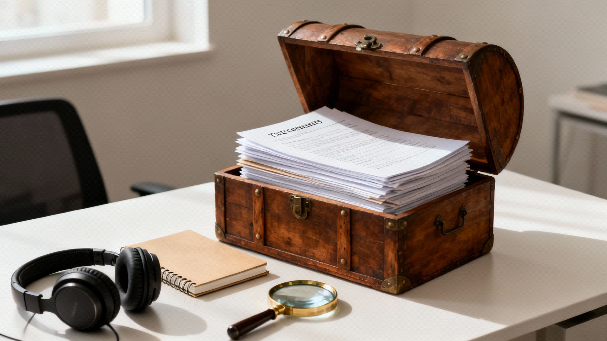 A wooden treasure chest full of documents, a magnifying glass, headphones, and a notebook on a desk.