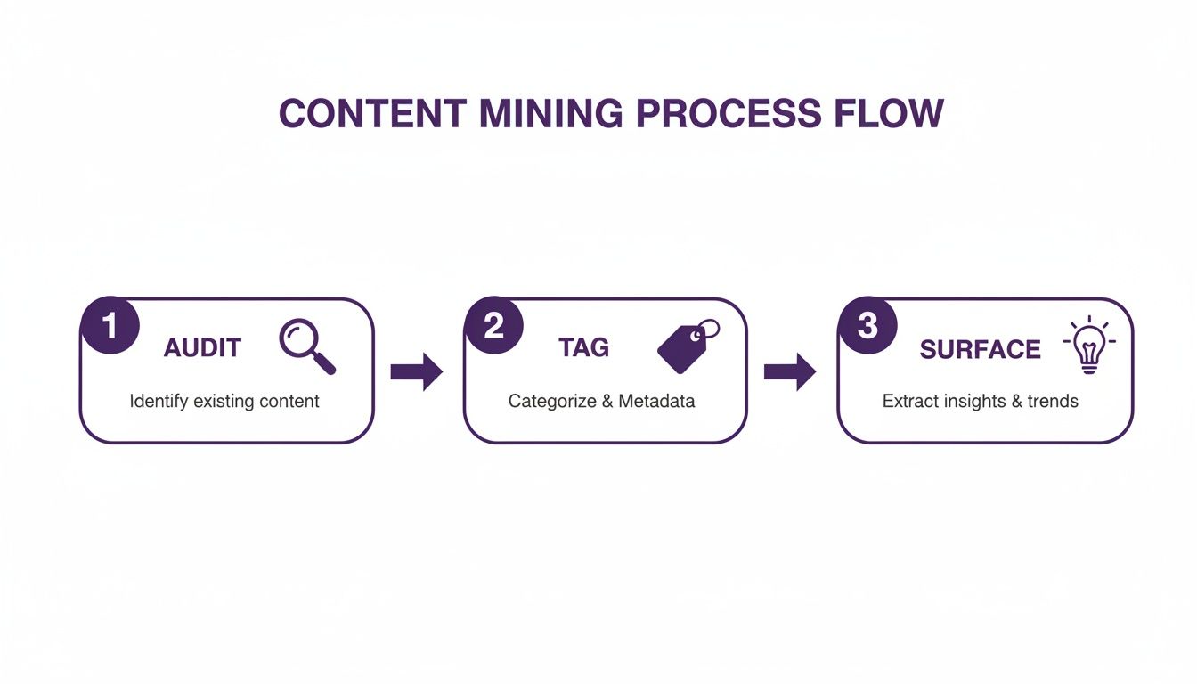 Flowchart illustrating the three-step content mining process: audit, tag, and surface insights.