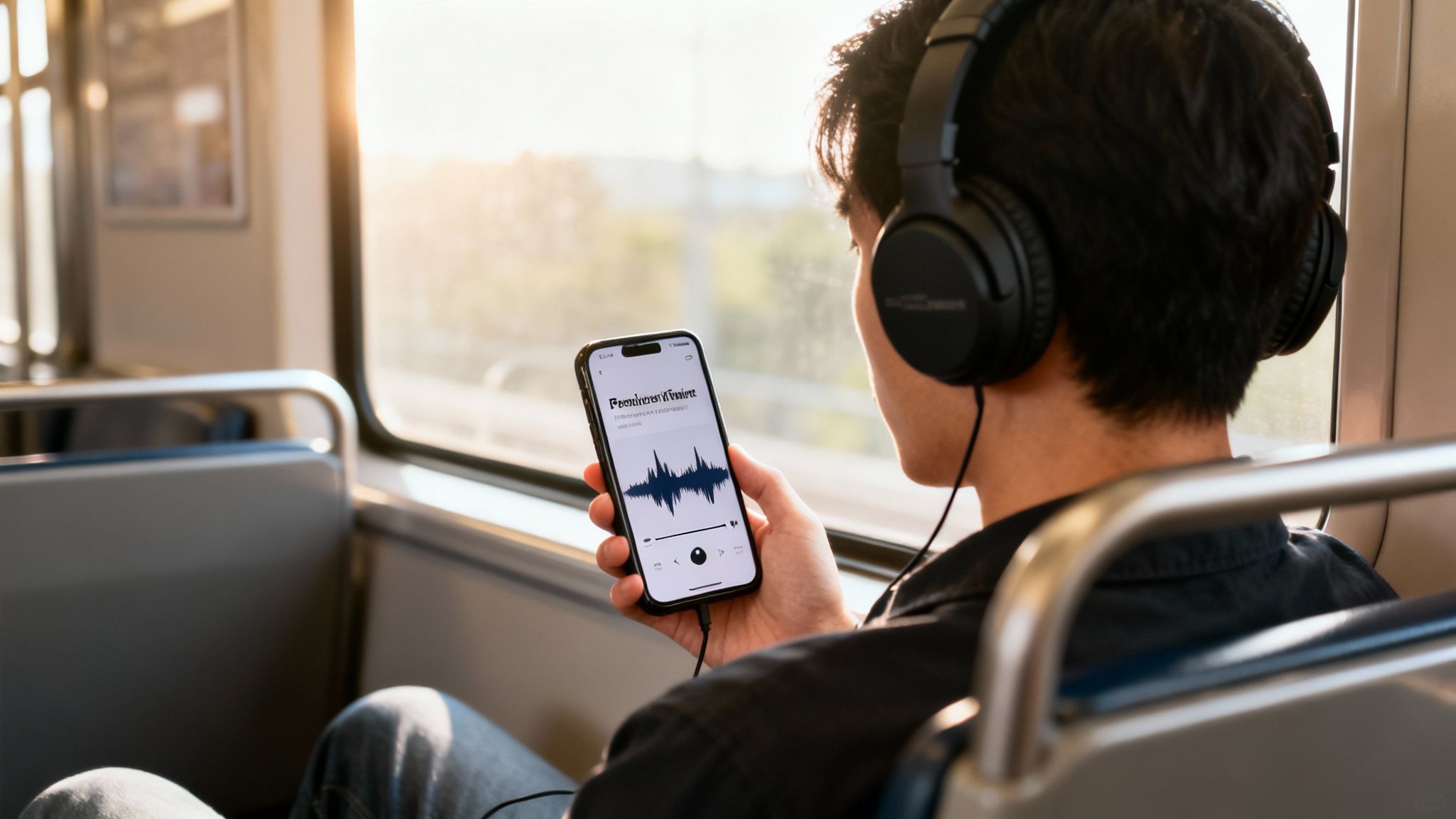Person wearing headphones on a train, looking at a smartphone displaying a podcast app.