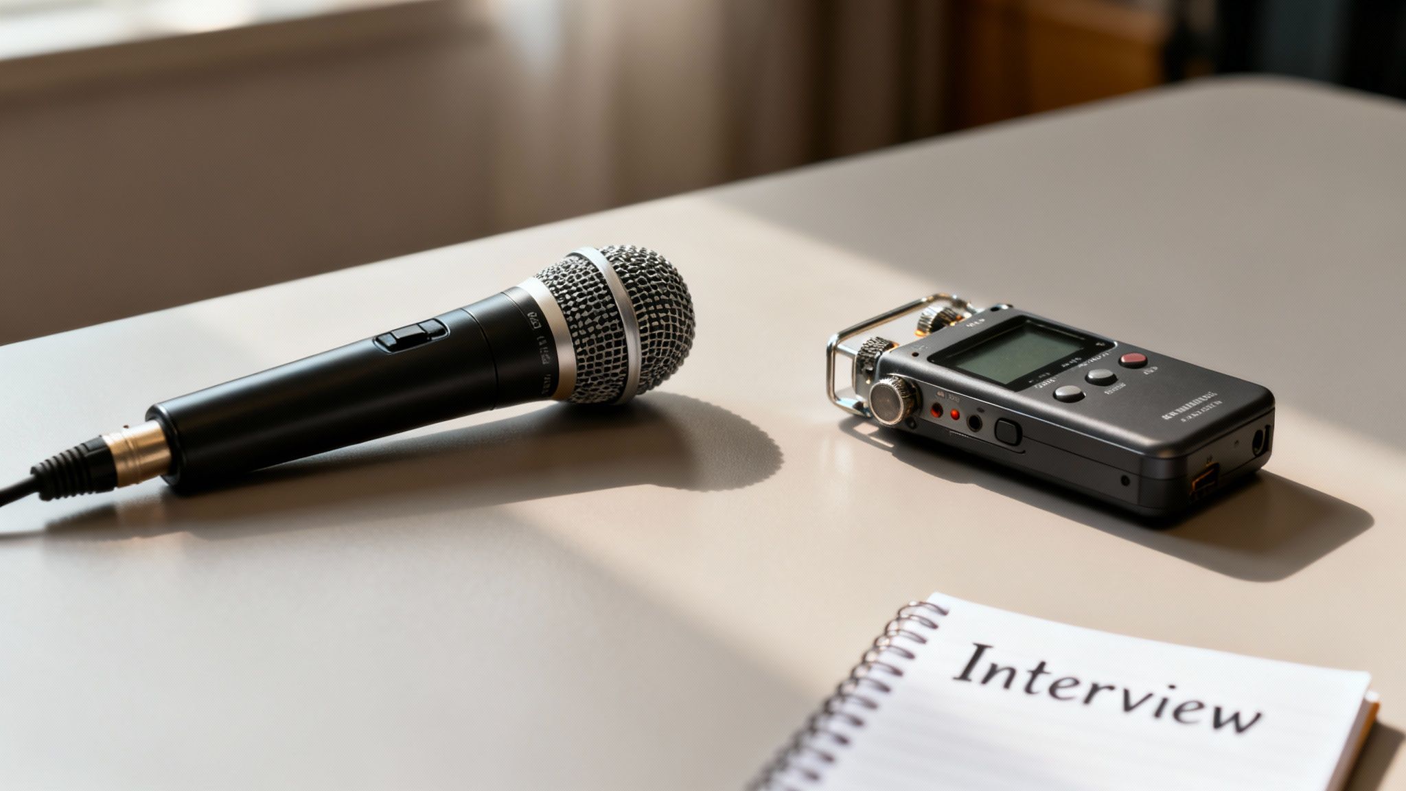 A microphone, a digital recorder, and a notebook titled 'Interview' on a table, ready for a recording session.