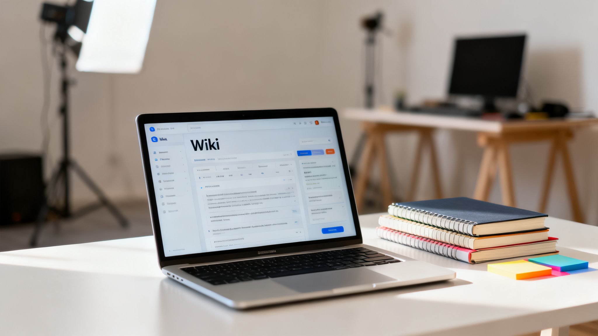 A laptop on a white desk displays a Wiki page, alongside a stack of notebooks and colorful sticky notes.