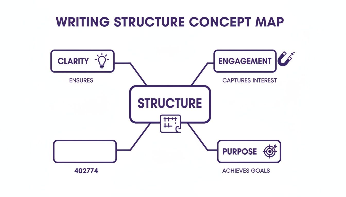 A concept map showing how writing structure ensures clarity, captures interest, and achieves goals.