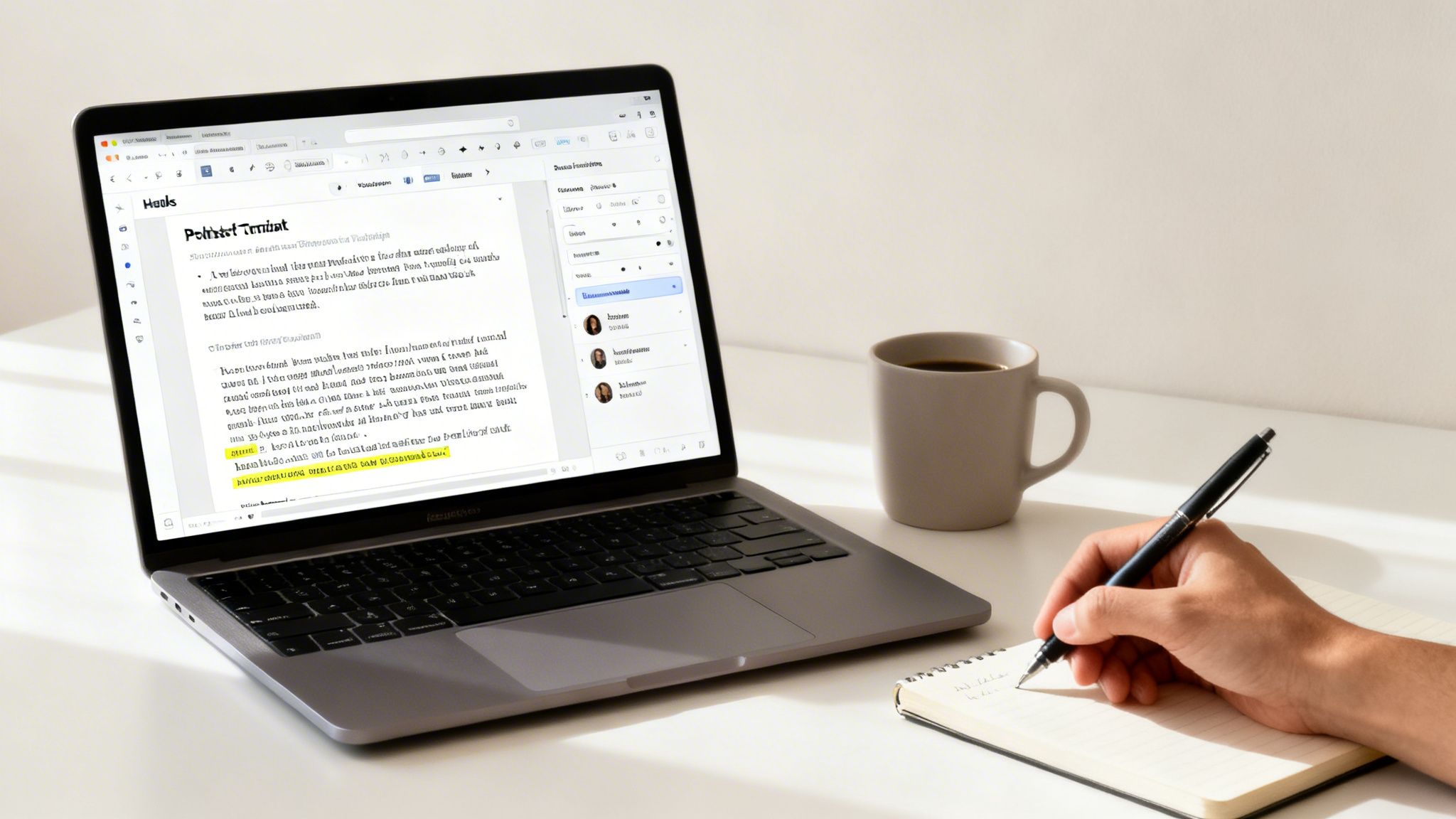A person is writing in a notebook at a clean desk with a laptop and coffee cup.