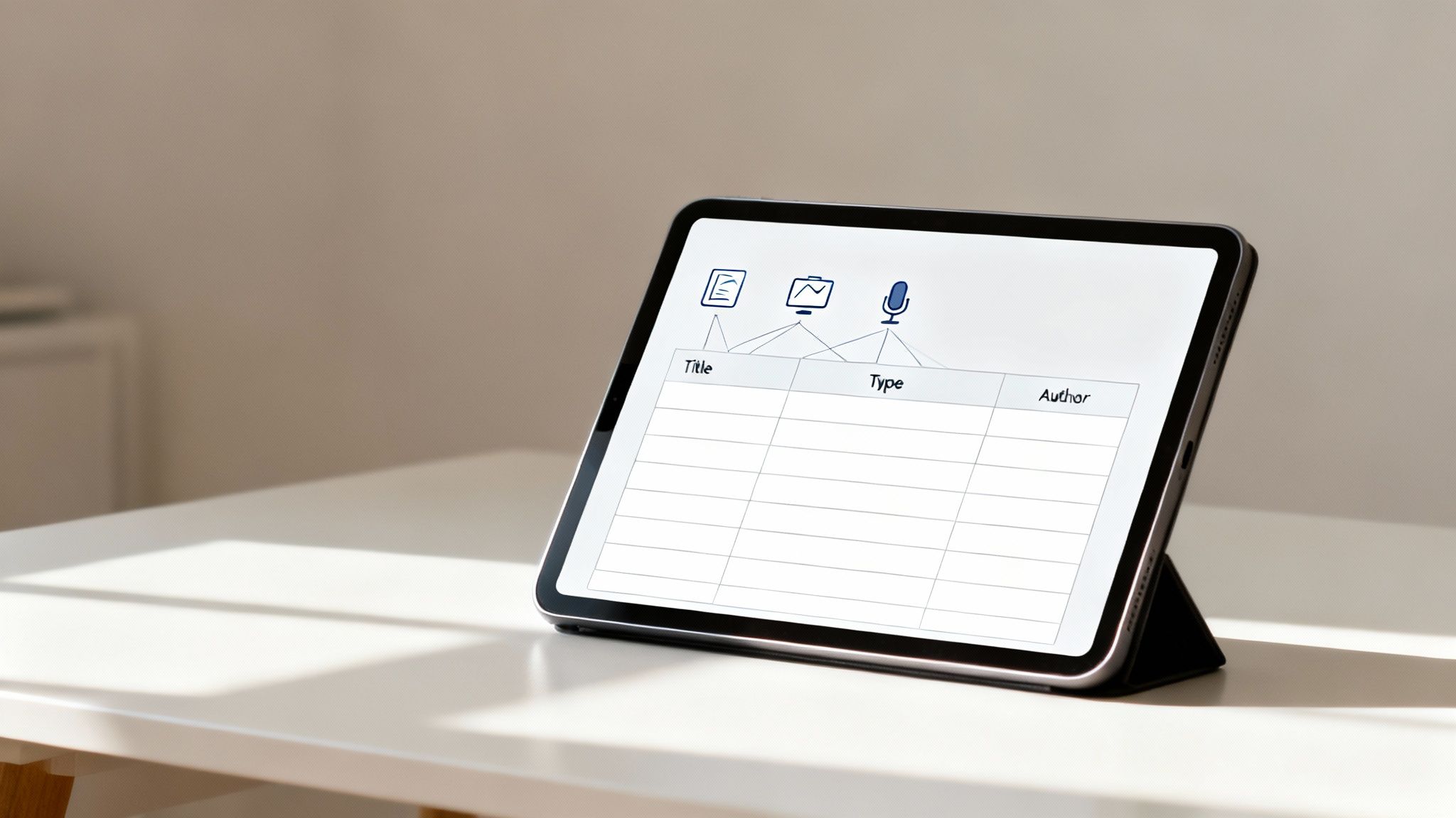 A tablet on a white table displays a metadata management screen with columns for title, type, and author.