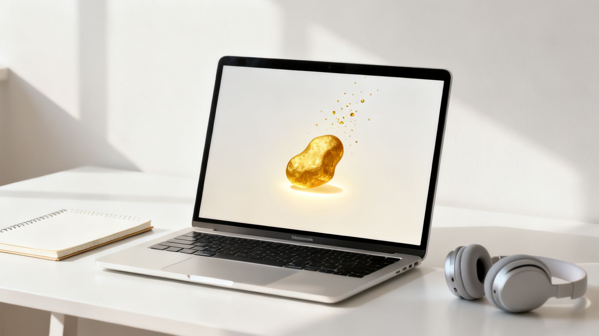 A silver laptop with a glowing golden nugget on its screen, alongside a notebook and headphones on a white desk.