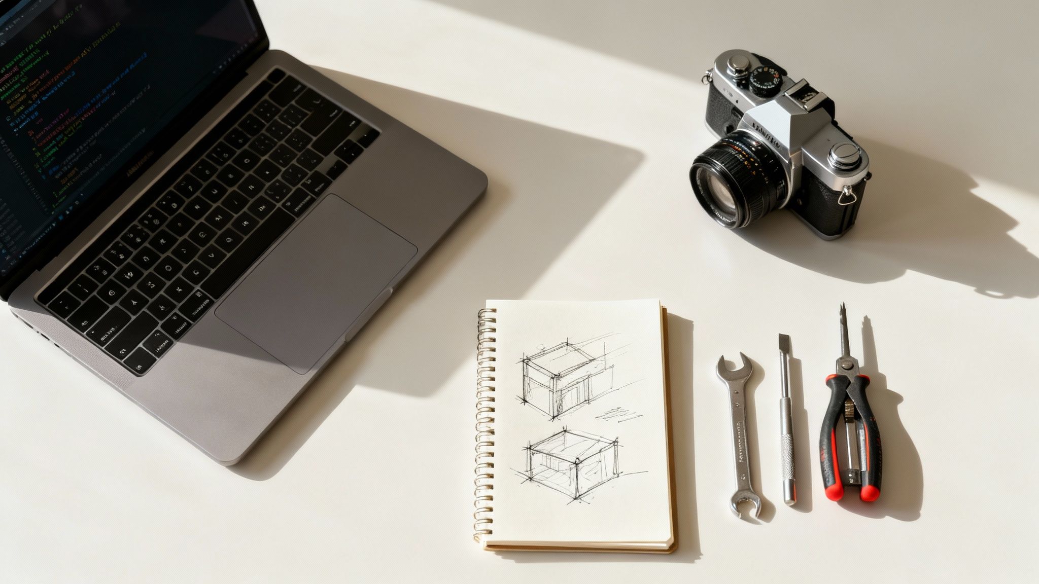 An overhead shot of a creative workspace featuring a laptop, a notebook with sketches, a vintage camera, and various tools.