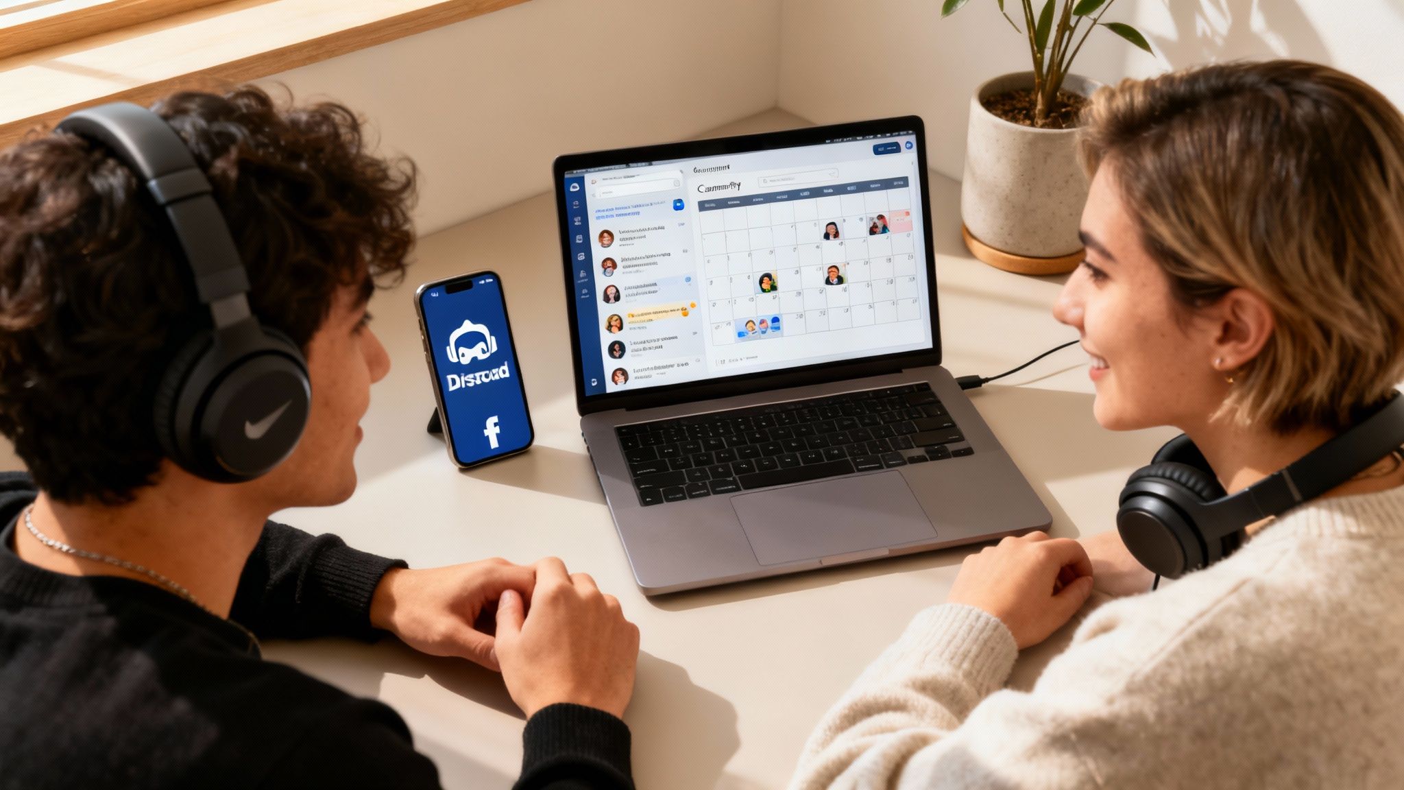 Two people wearing headphones look at a laptop and smartphone, planning podcast promotion.