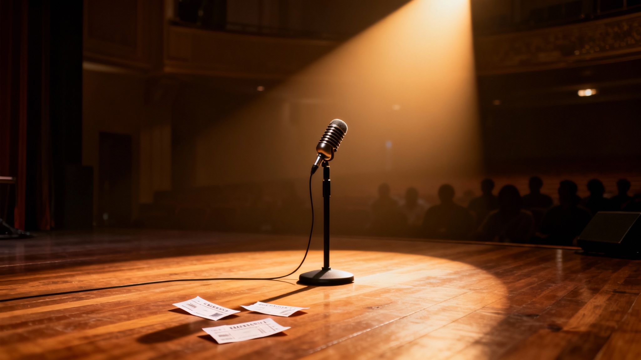 A vintage microphone stands illuminated by a spotlight on a wooden stage with a blurred audience.