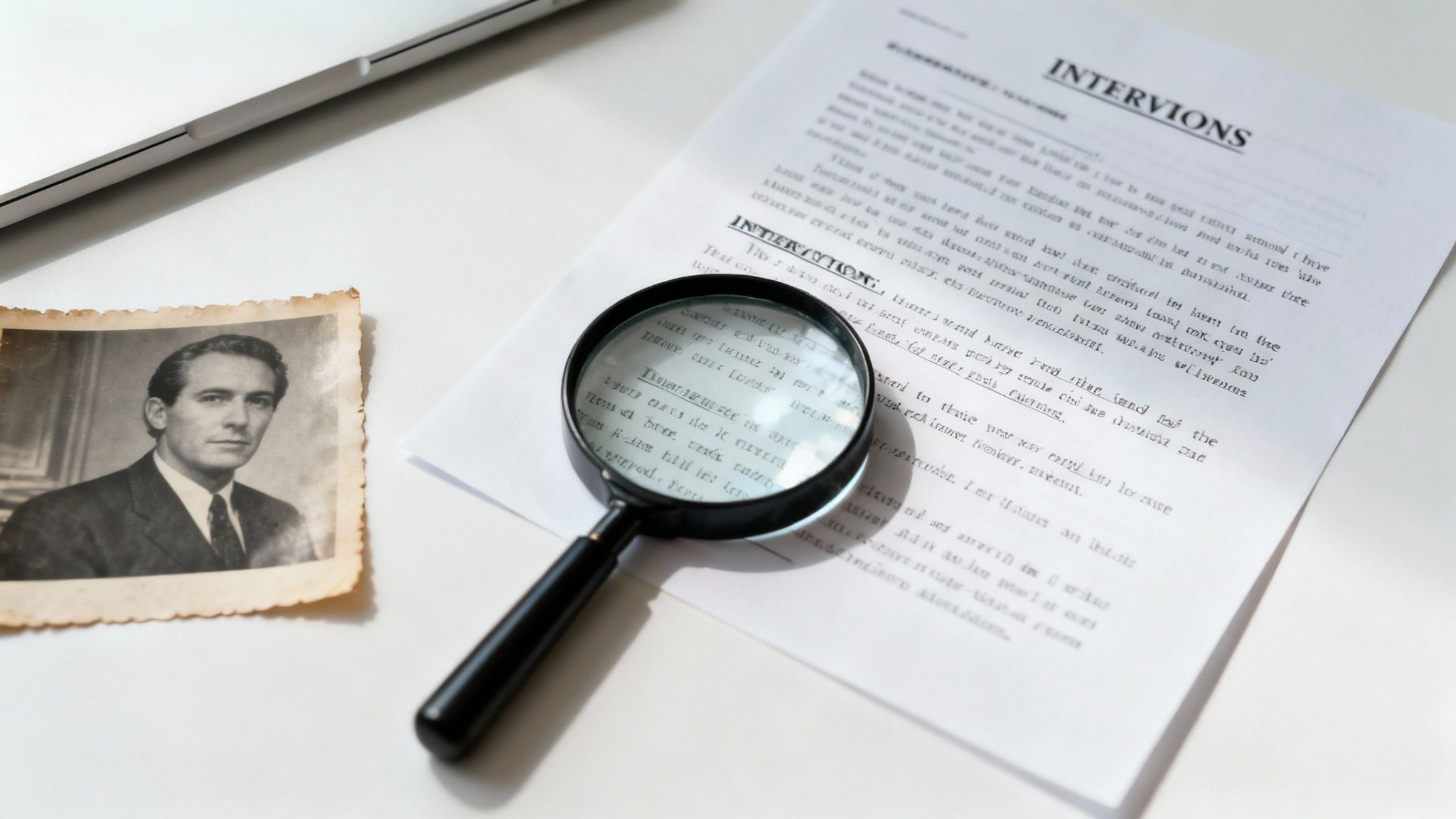 A magnifying glass on a document titled 'INTERVIONS' next to an old photo of a man, implying research.