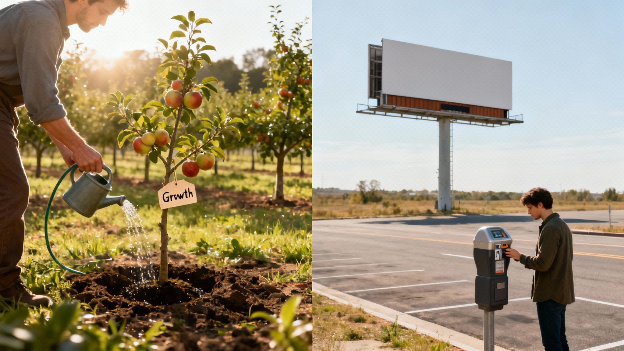 A split image showing a farmer watering a 'Growth' tree and a man at a parking meter by a billboard.