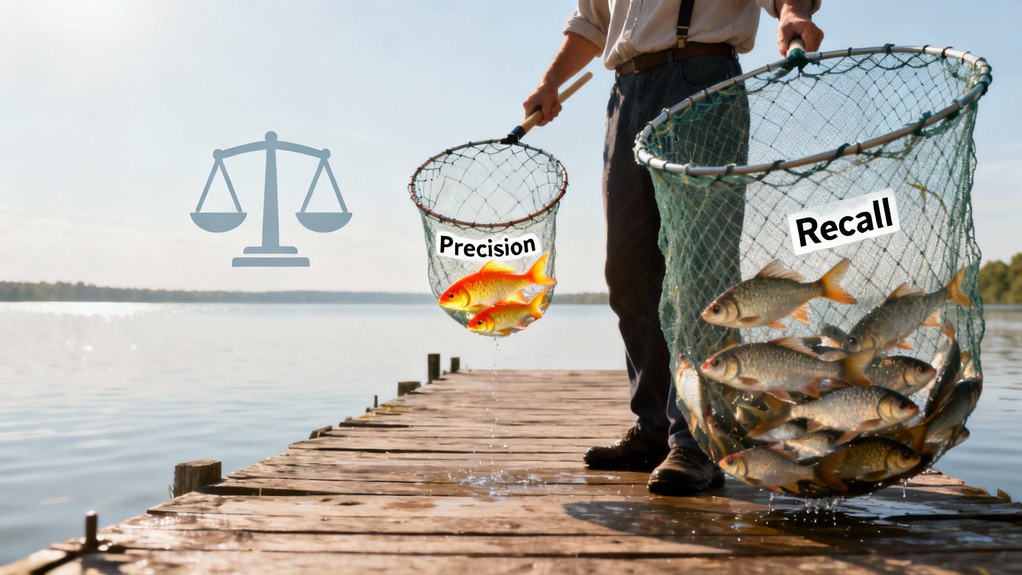 A fisherman on a dock holds two nets: one with few golden fish for 'Precision' and one with many fish for 'Recall', illustrating their trade-off.