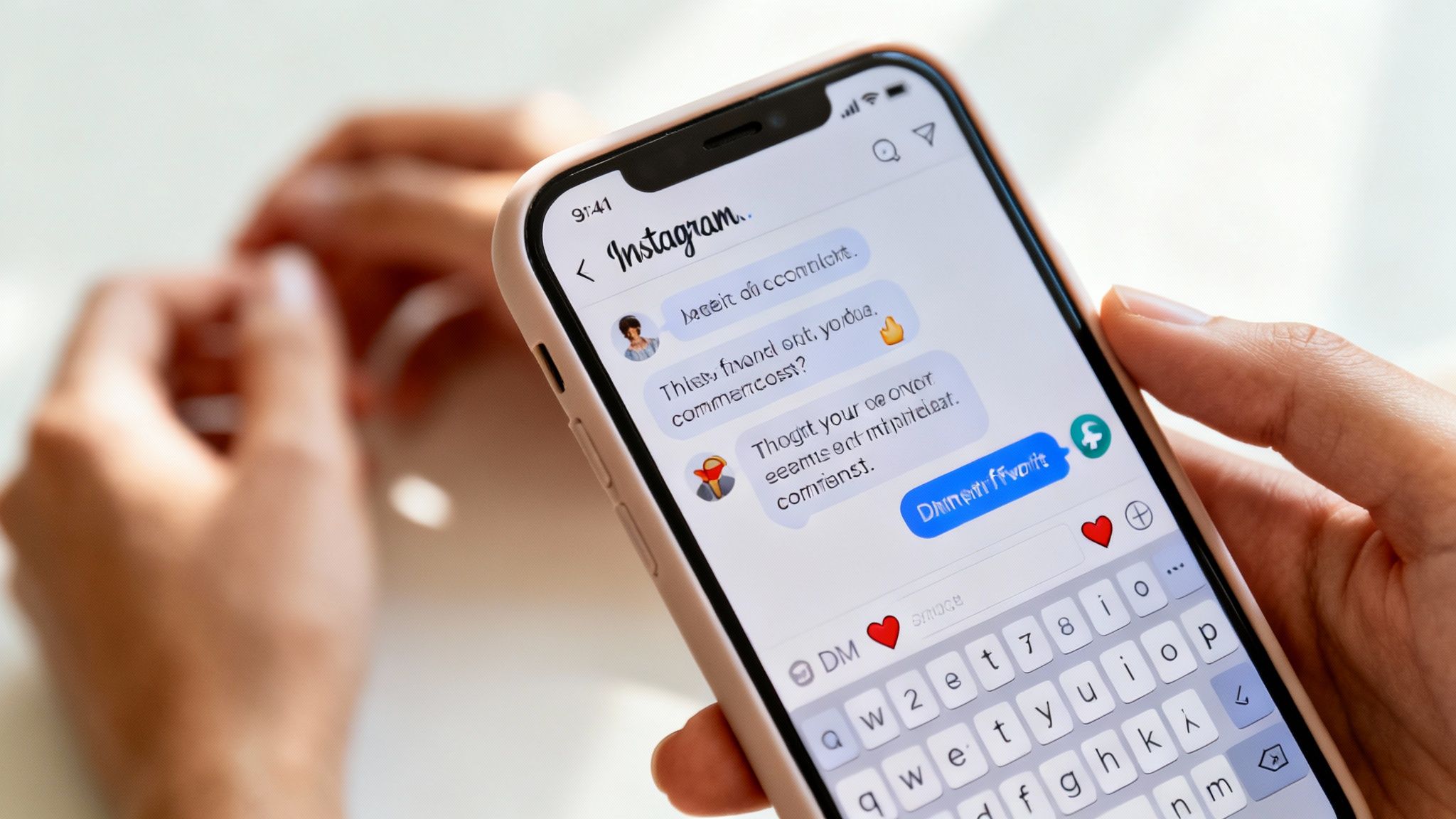 Person's hands holding an iPhone displaying an Instagram direct message conversation with text and emojis.
